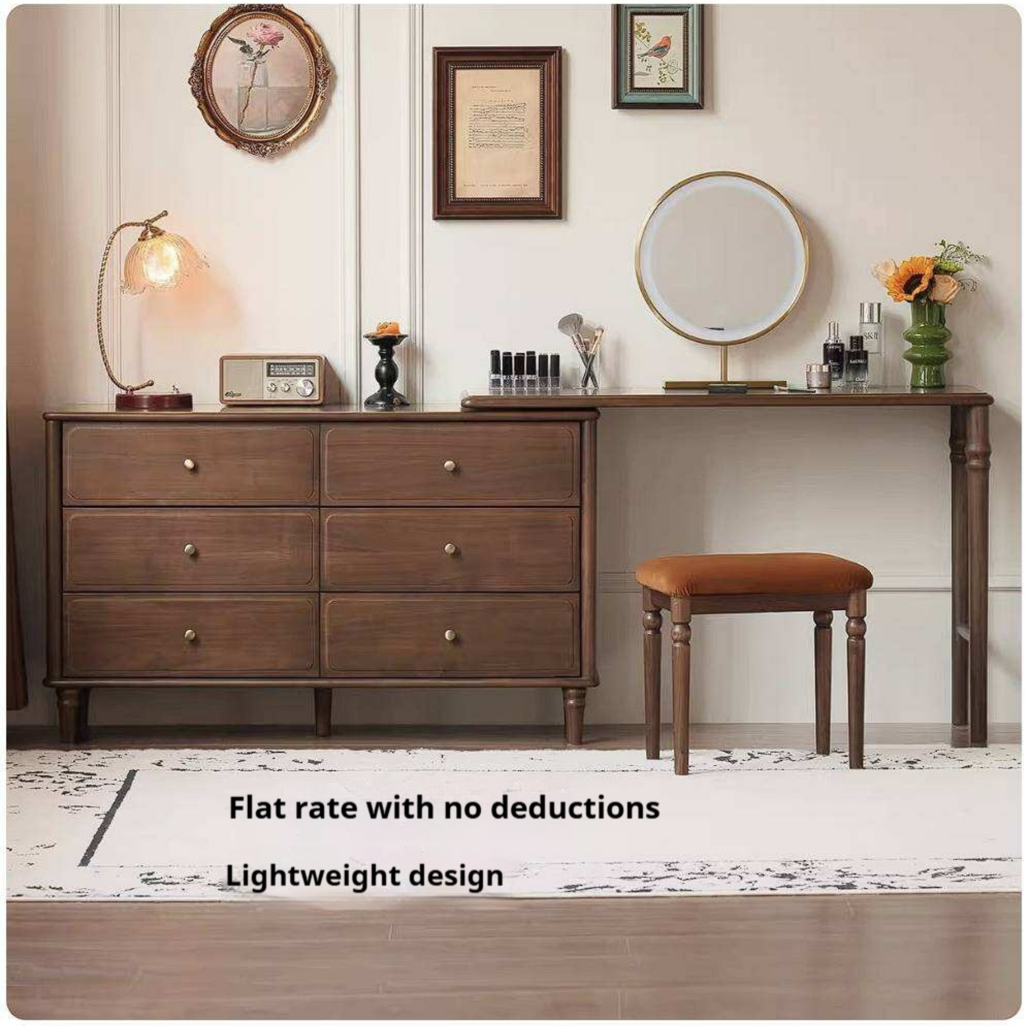 Black Walnut, Oak Solid Wood Extendable Vanity Desk and 6-Drawer Dresser Combo
