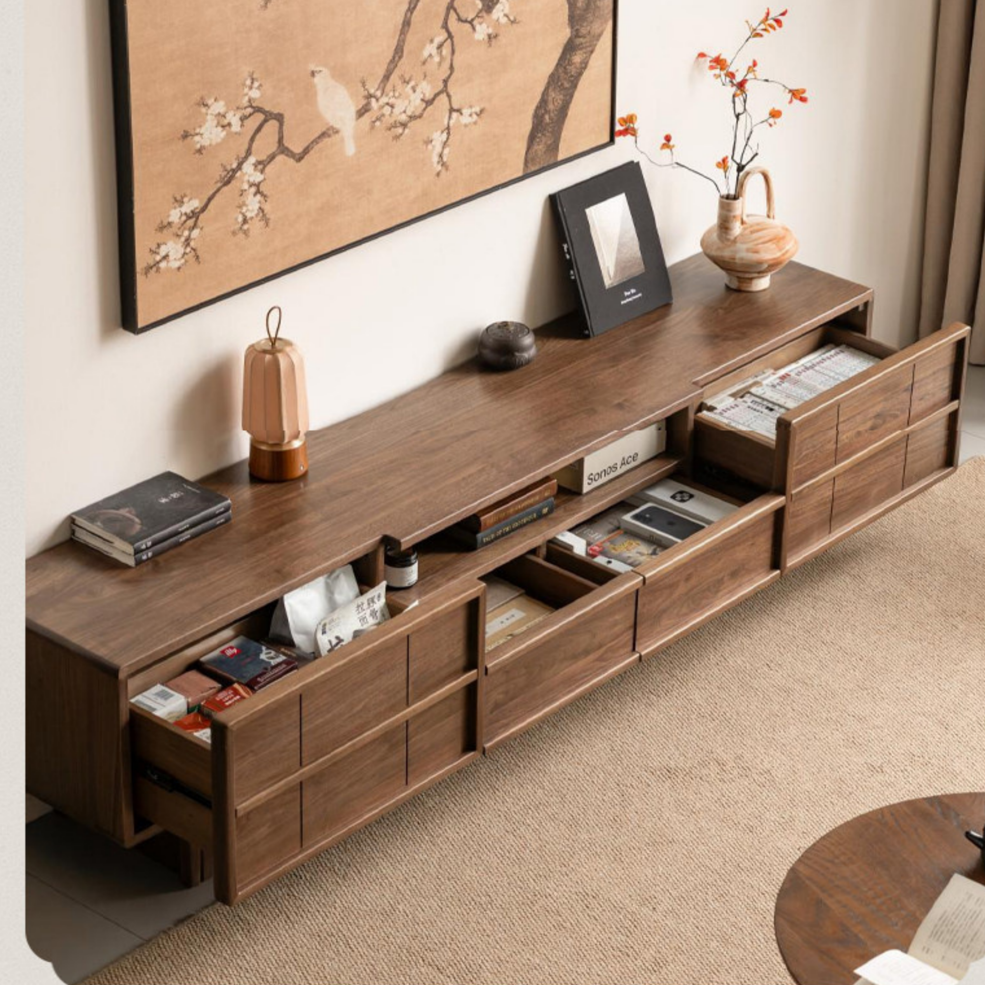 Black Walnut Solid Wood TV Cabinet with Aesthetic Style and Storage Drawers