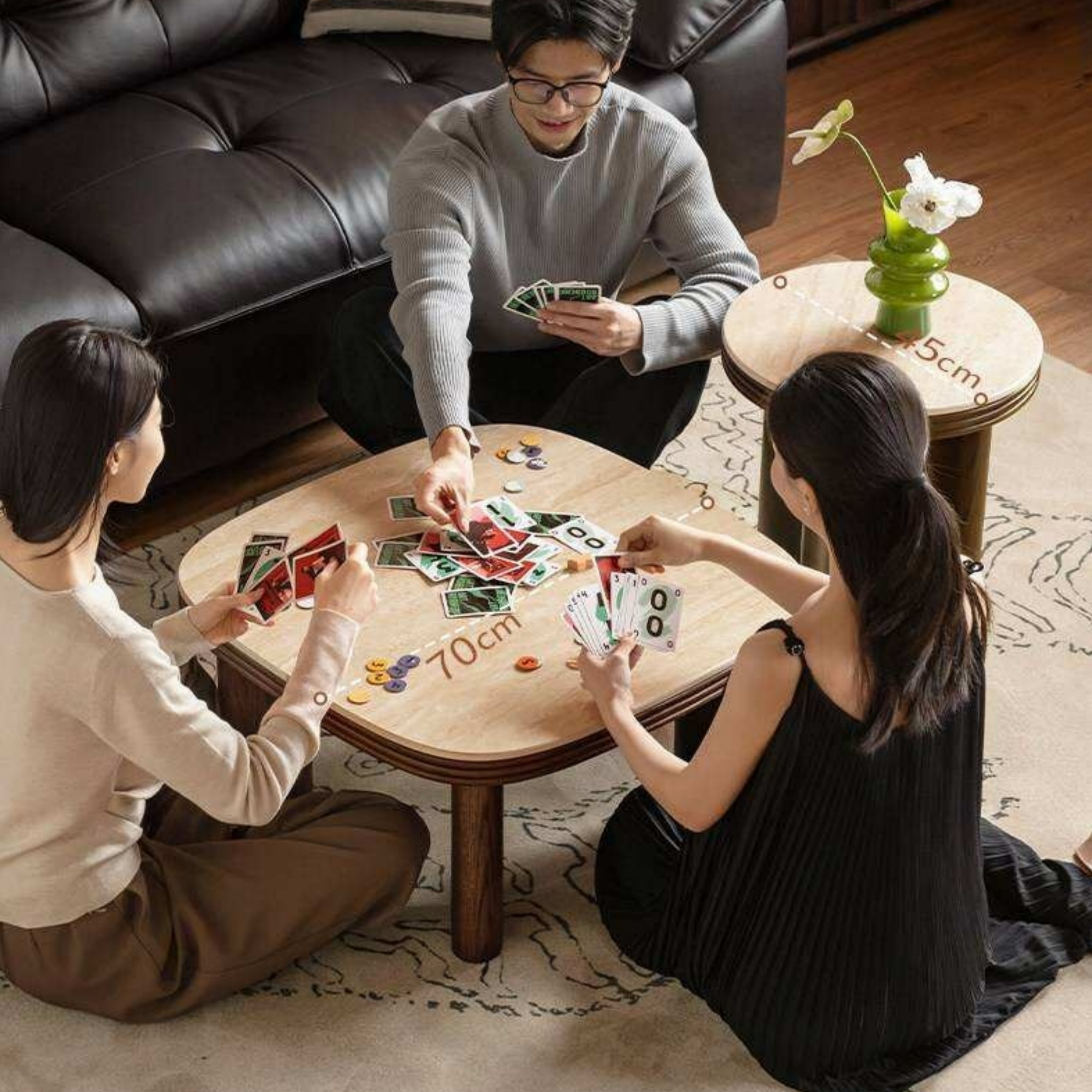 Oak Solid Wood Round Nesting Coffee Table with Stone Surface