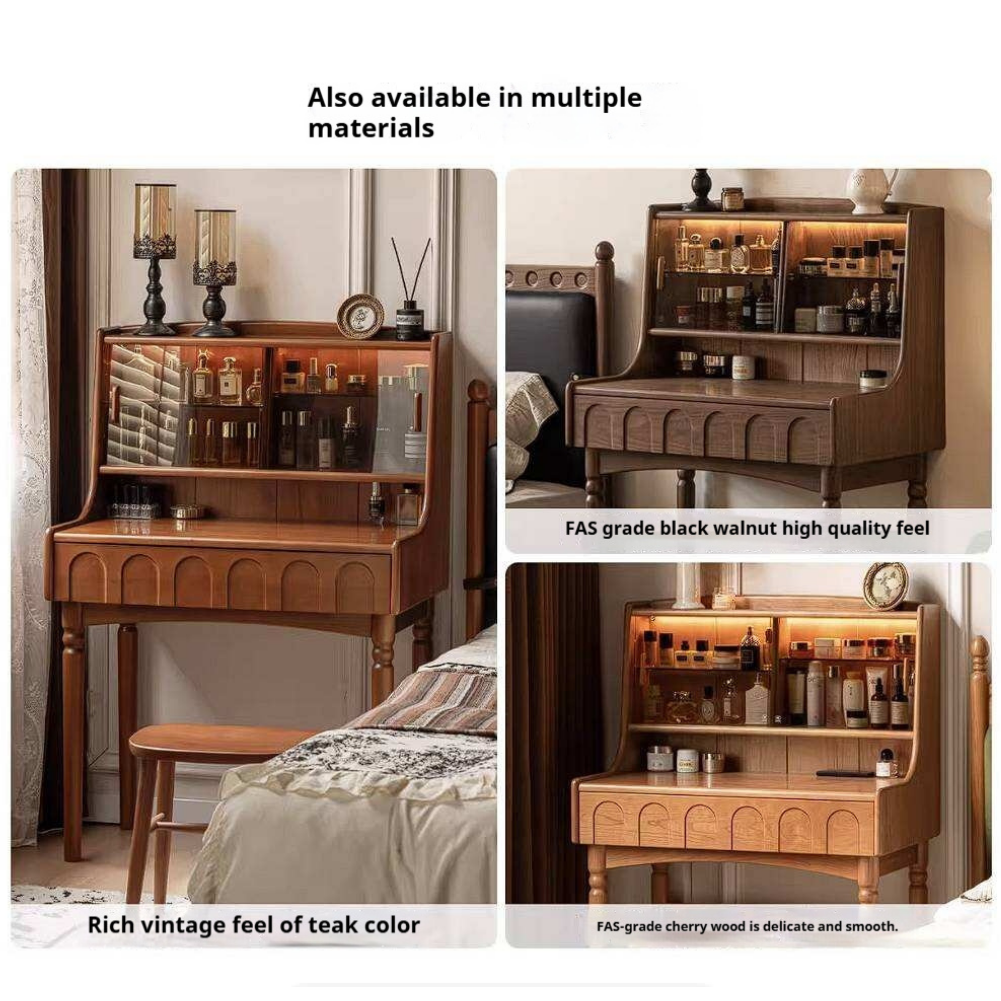 Rubberwood Solid Wood French Retro Vanity Desk with Lighted Storage Mirror and Drawers