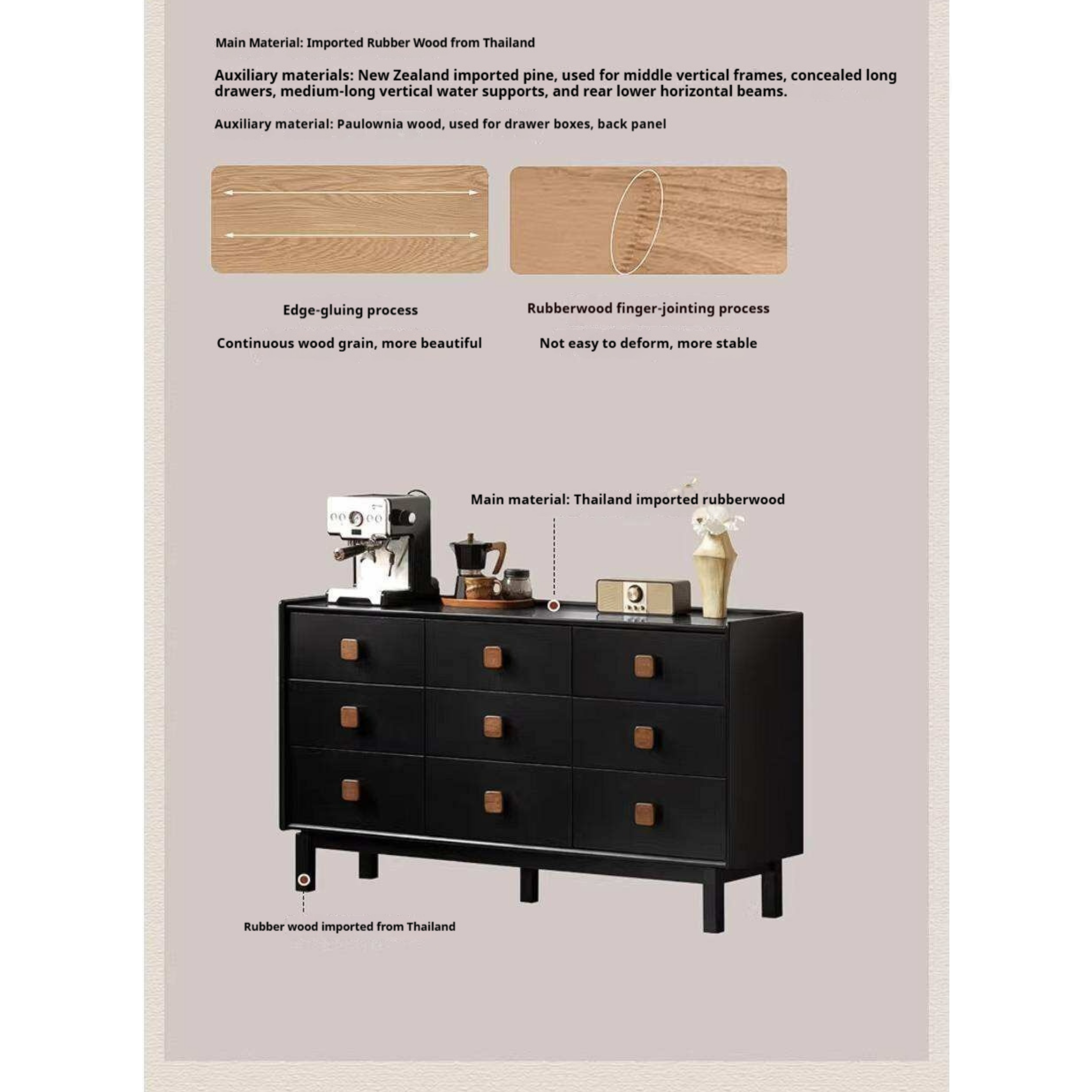 Rubberwood Solid Wood Antique-Style Bedroom Drawer cabinet