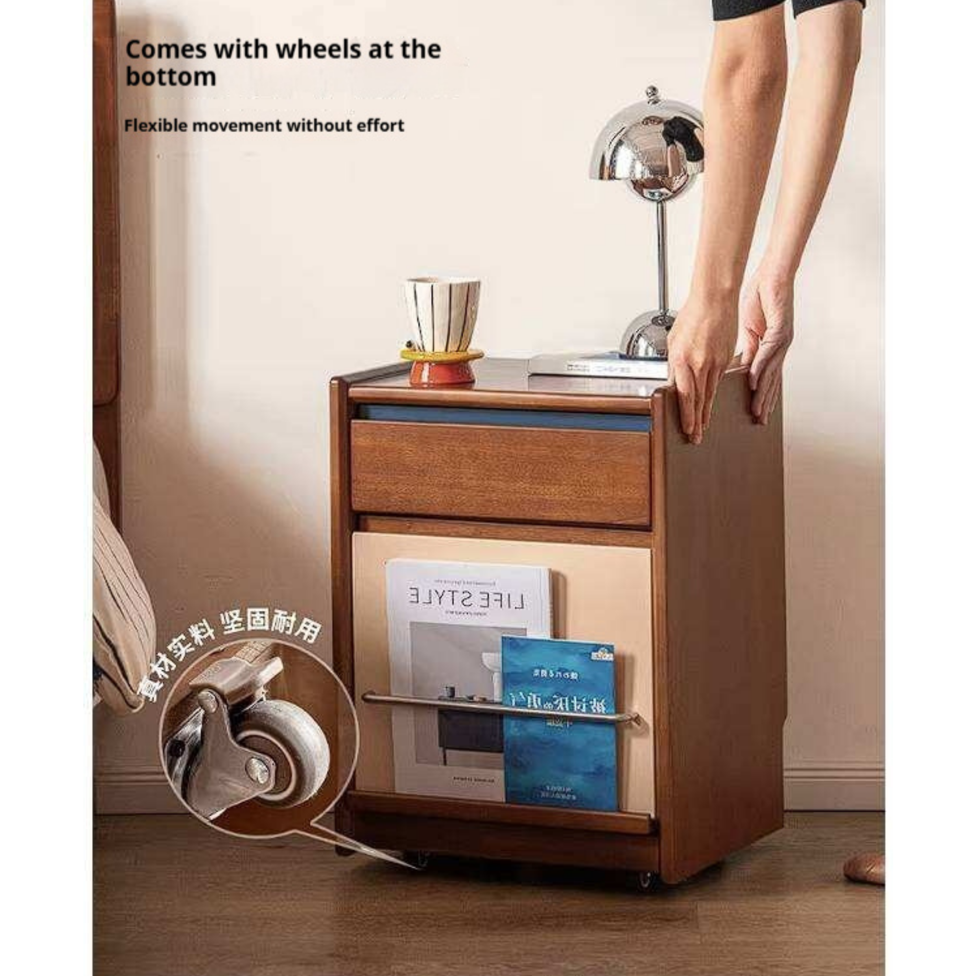 Poplar Solid Wood Two-Tone Rolling Nightstand with Magazine Rail