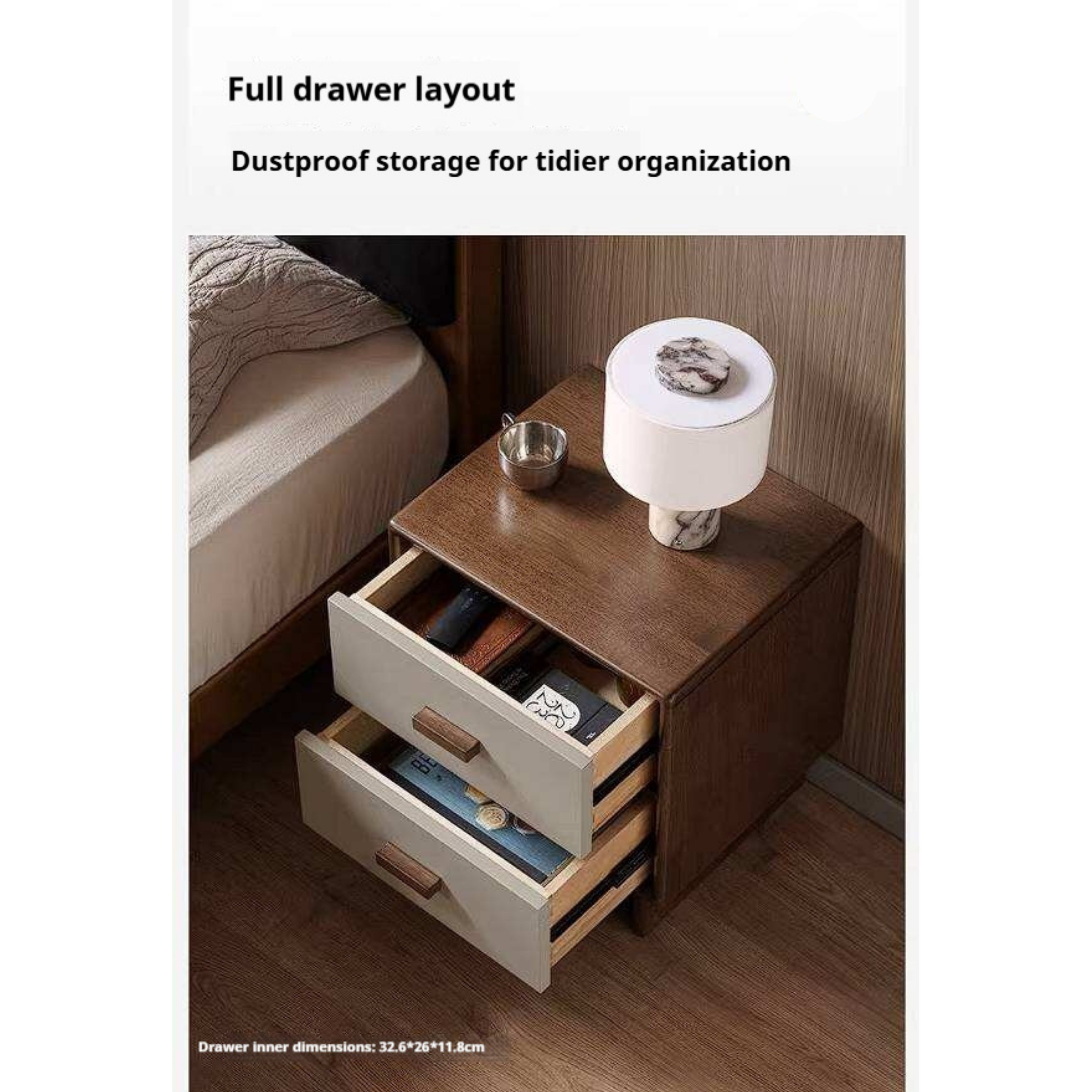 Rubberwood Solid Wood Two-Tone Nightstand with Cream Drawer Fronts and Tapered Legs
