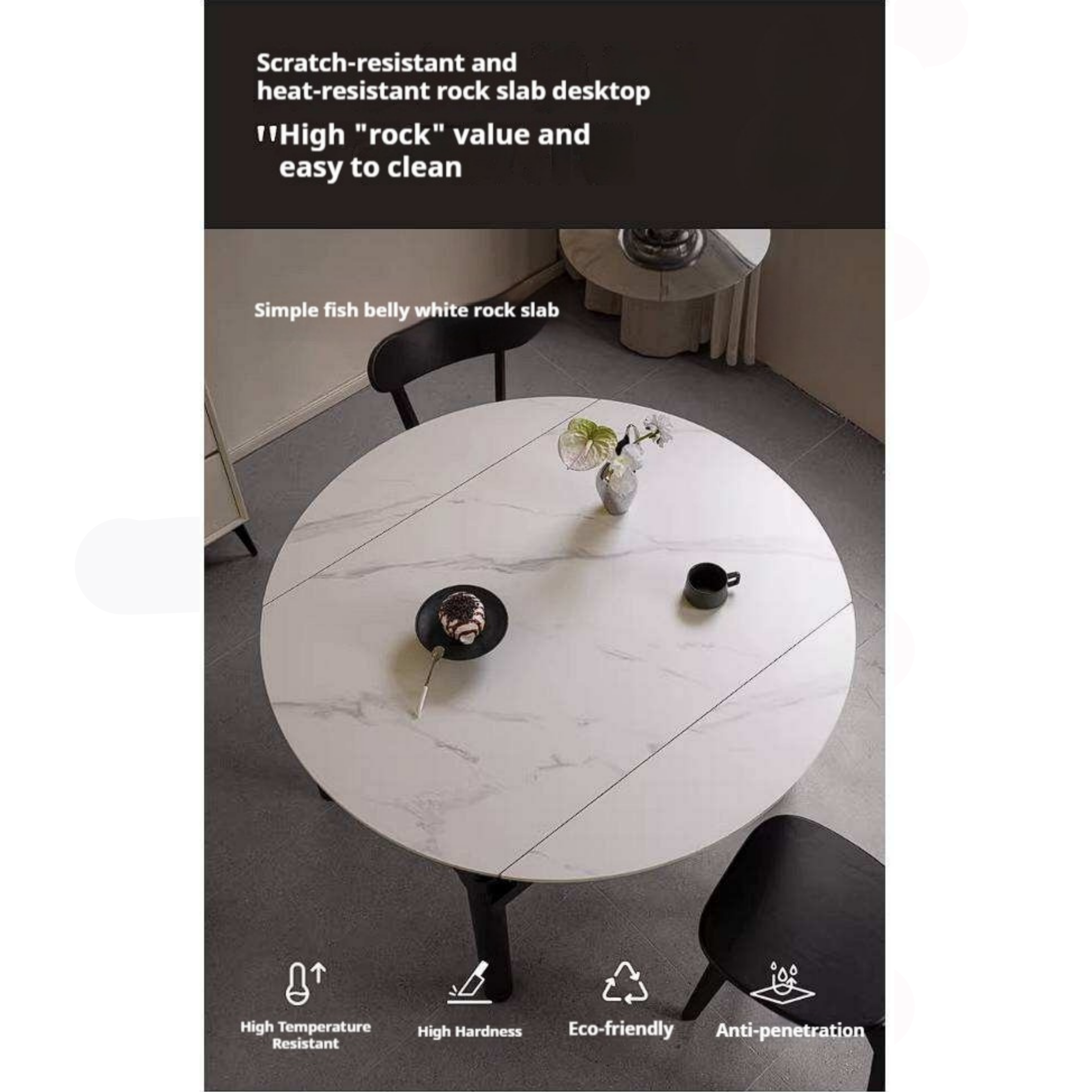Rubberwood Solid Wood Extendable Round Dining Table with Stone Top