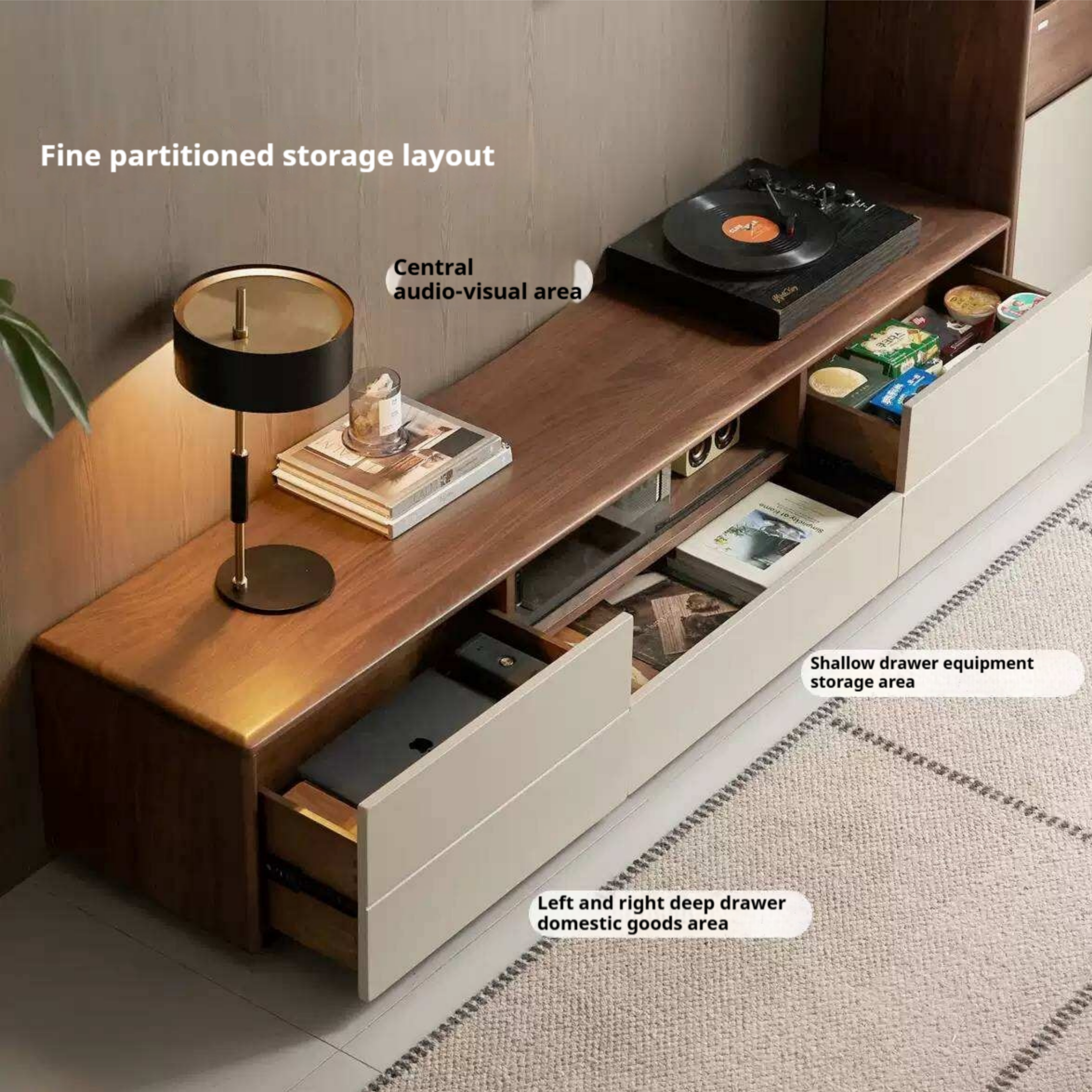 Black Walnut Solid Wood Low Profile TV Stand, Italian Modern Color Block Media Console with Storage