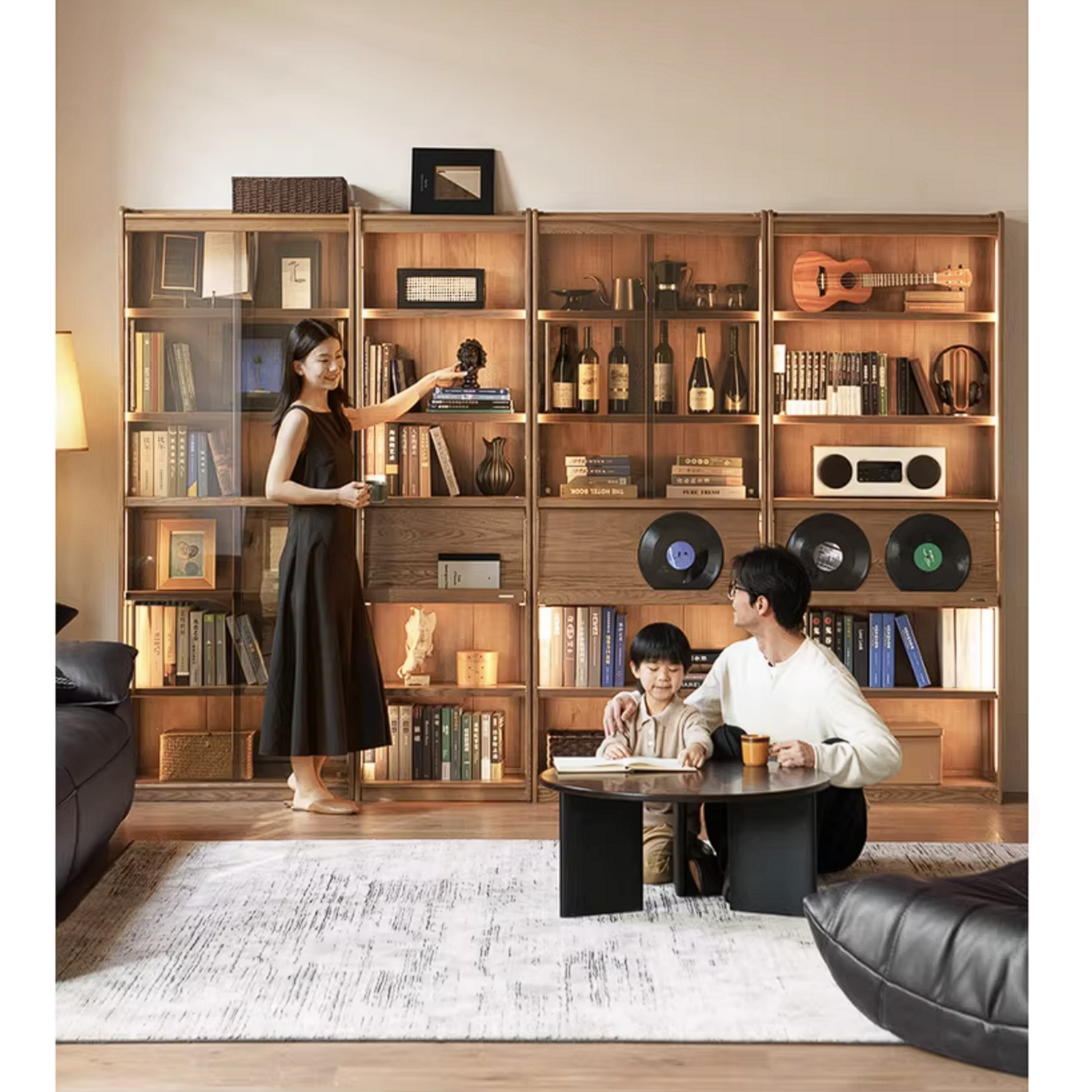Ash Solid Wood Bookcase with Wall-Mounted Display and Storage Cabinet