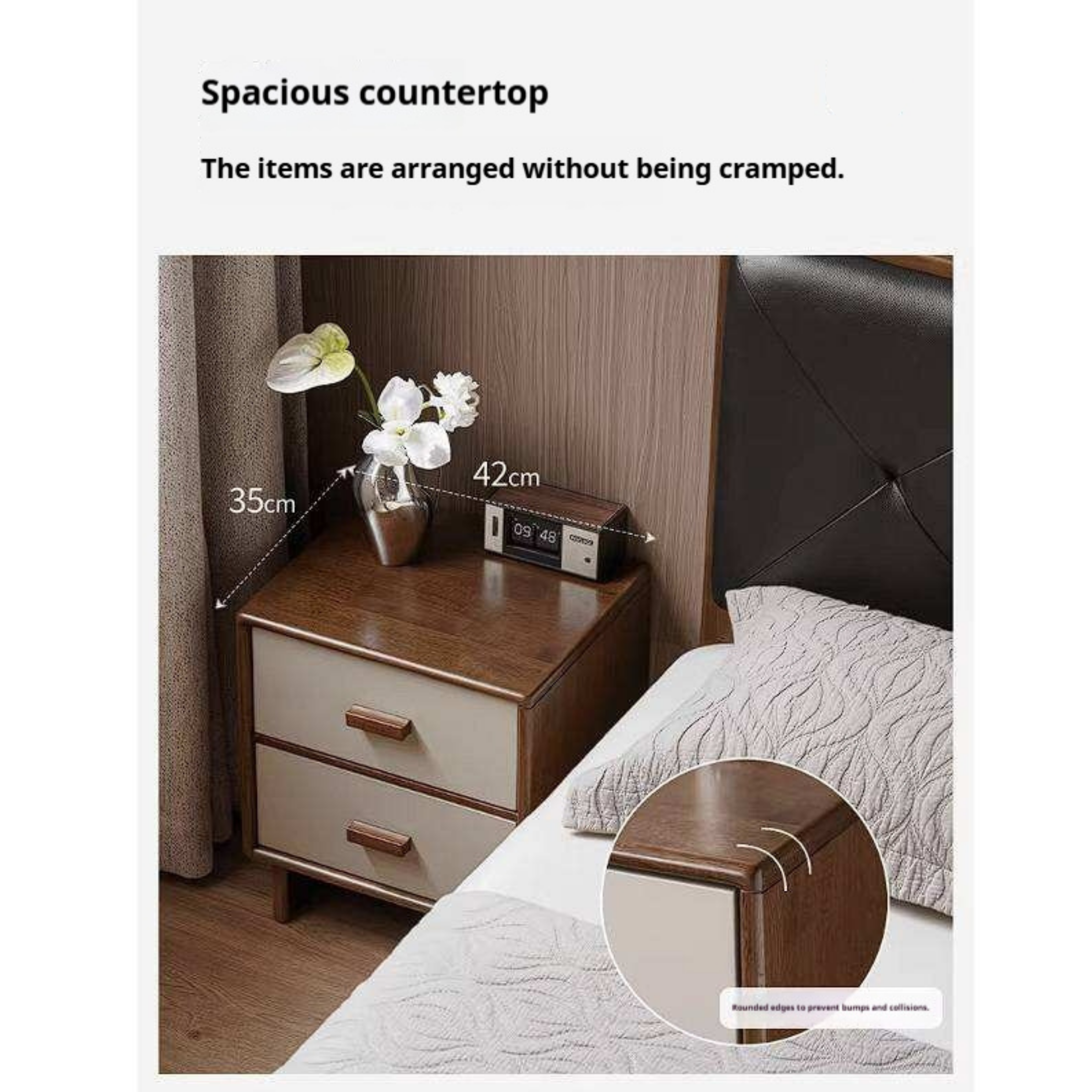 Rubberwood Solid Wood Two-Tone Nightstand with Cream Drawer Fronts and Tapered Legs