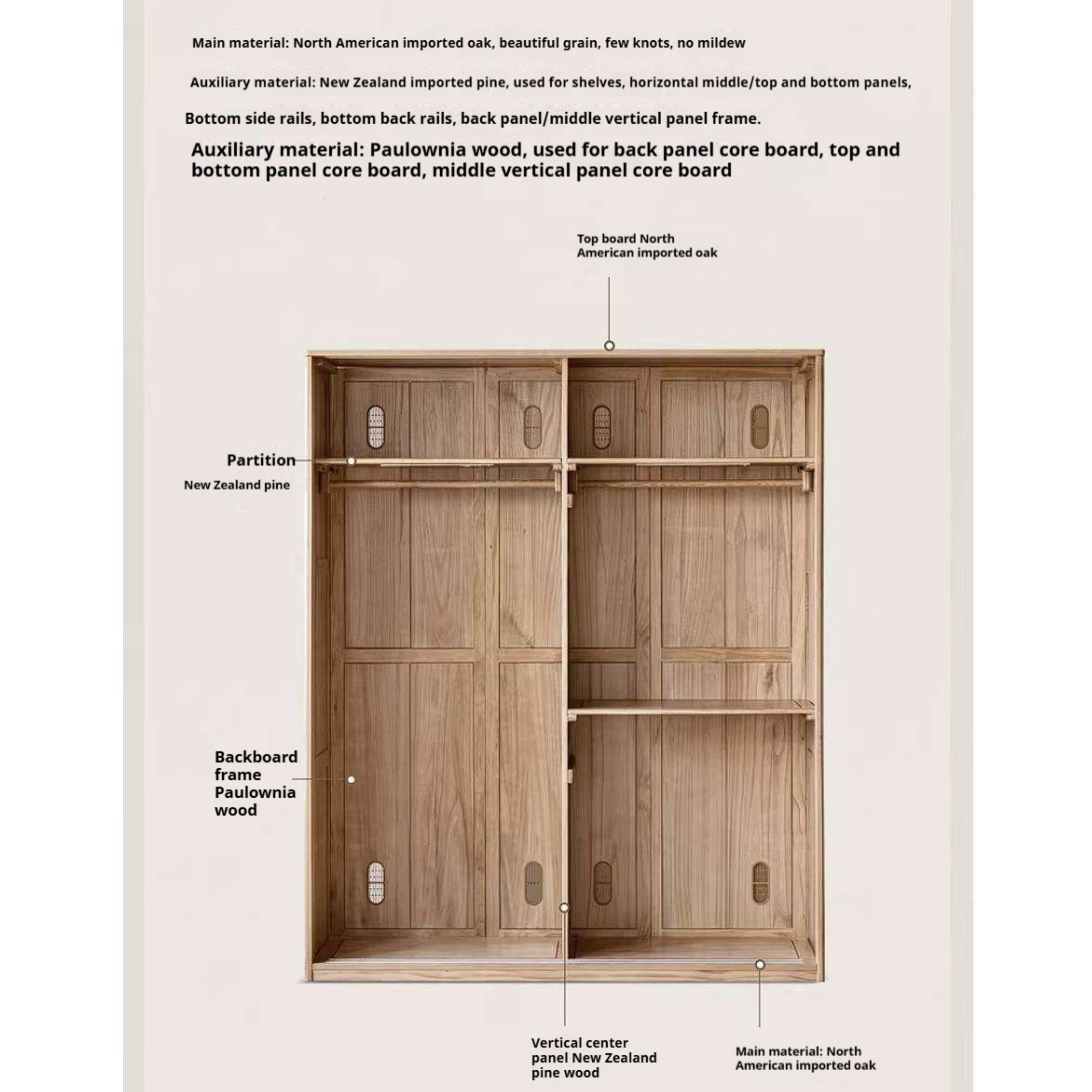 Oak Solid Wood Wardrobe Cabinet with Minimalist Songshi Storage