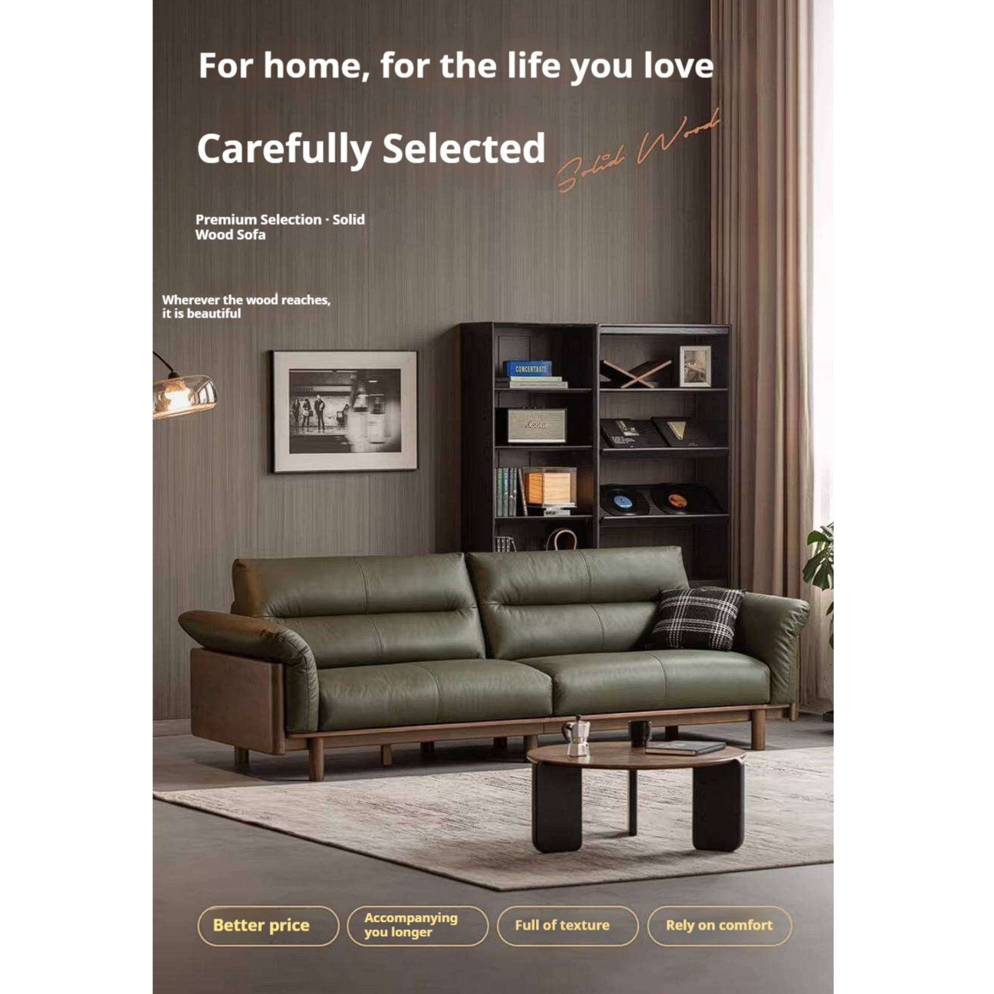 Black Walnut Solid Wood Genuine Leather Sofa with High Back