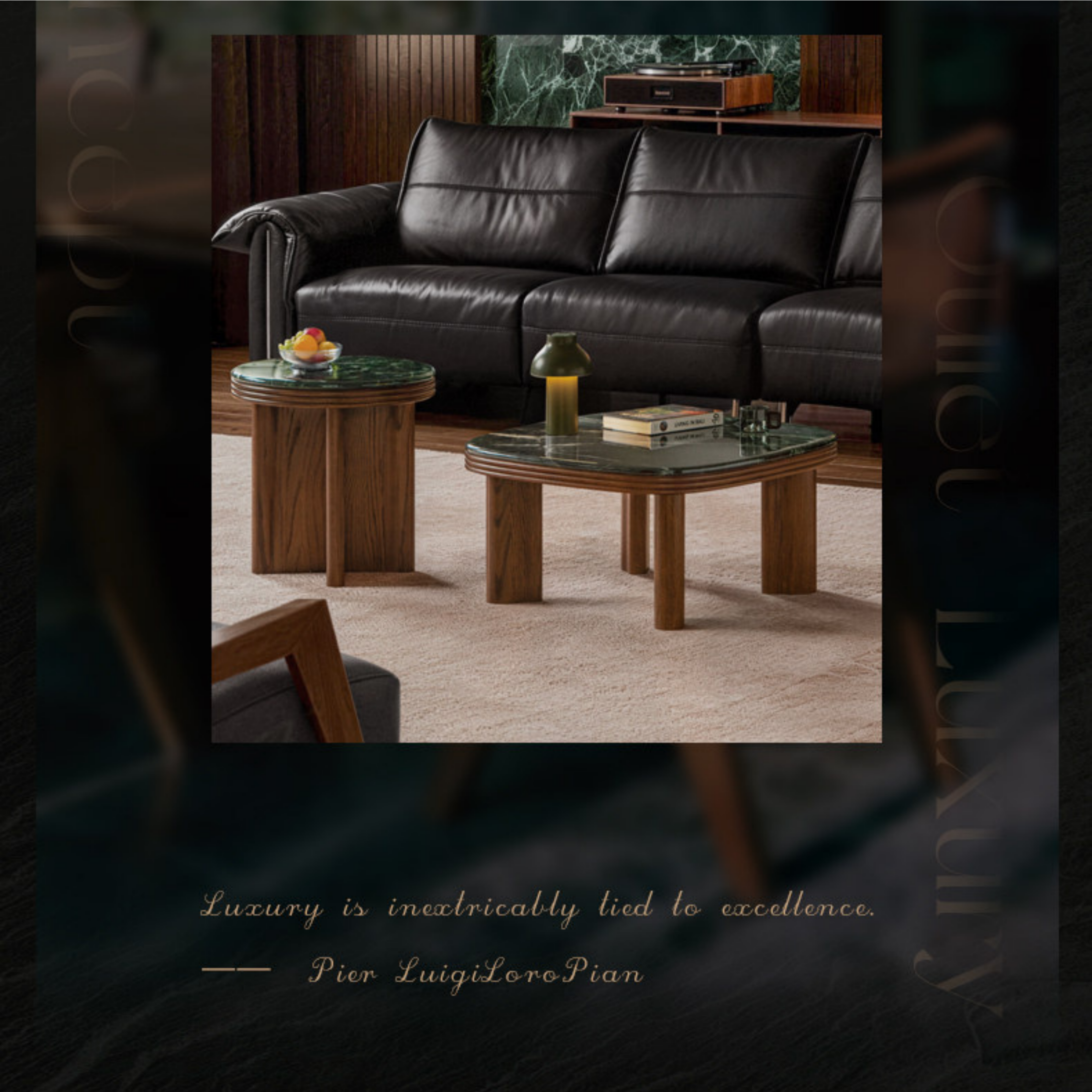 Oak Solid Wood Coffee Table with Green Marble Surface