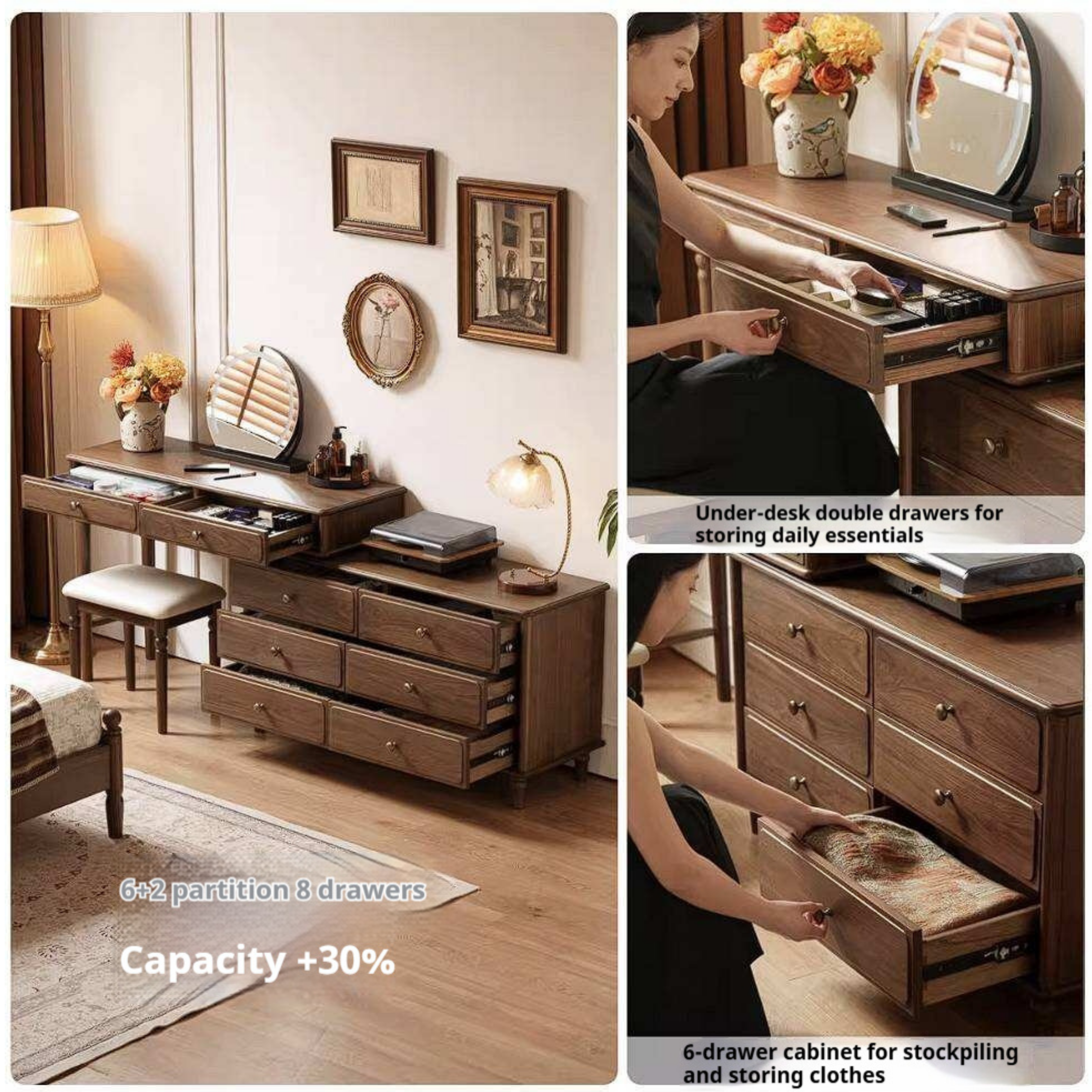 Black Walnut, Oak Solid Wood Extendable Vanity Desk and 6-Drawer Dresser Combo