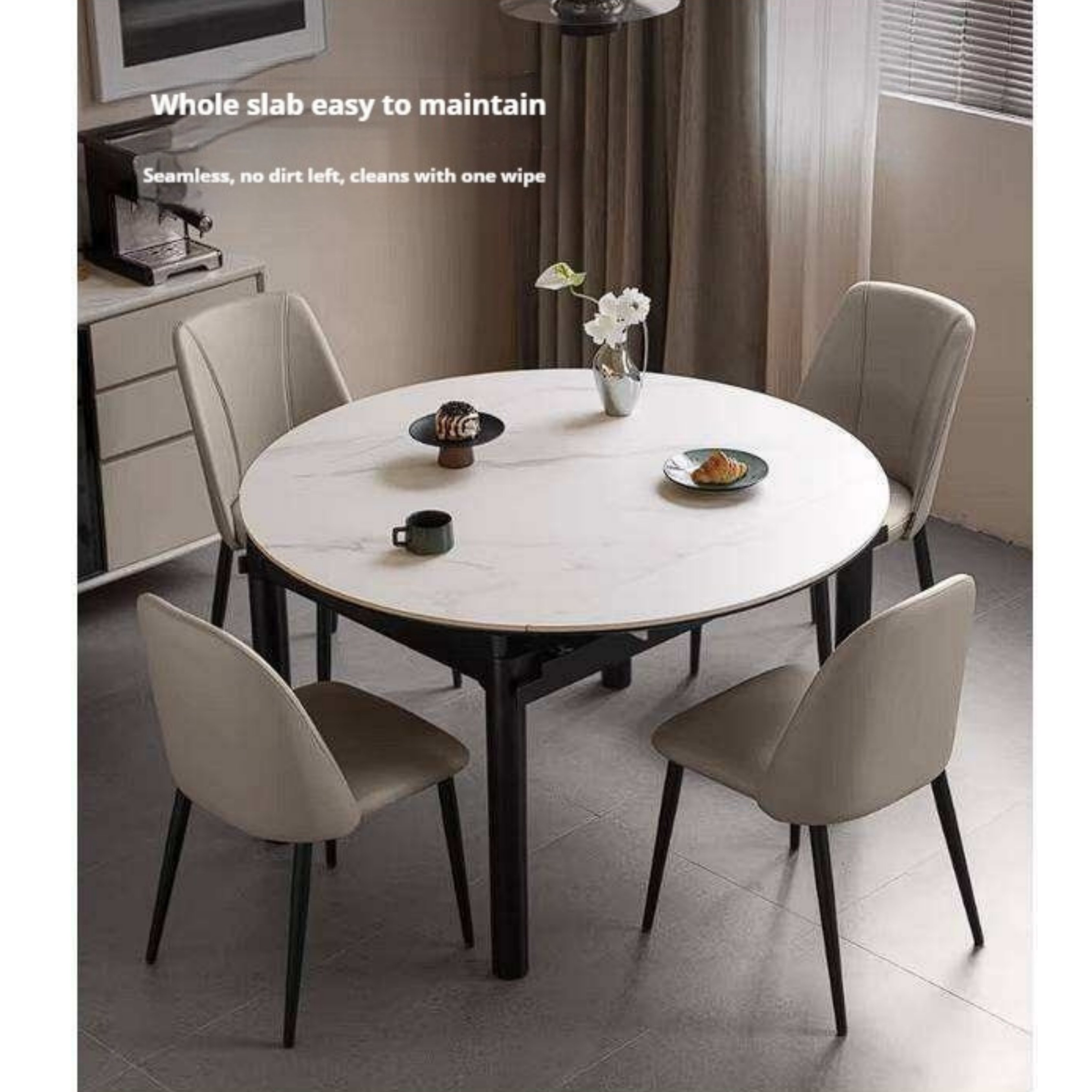 Rubberwood Solid Wood Extendable Round Dining Table with Stone Top