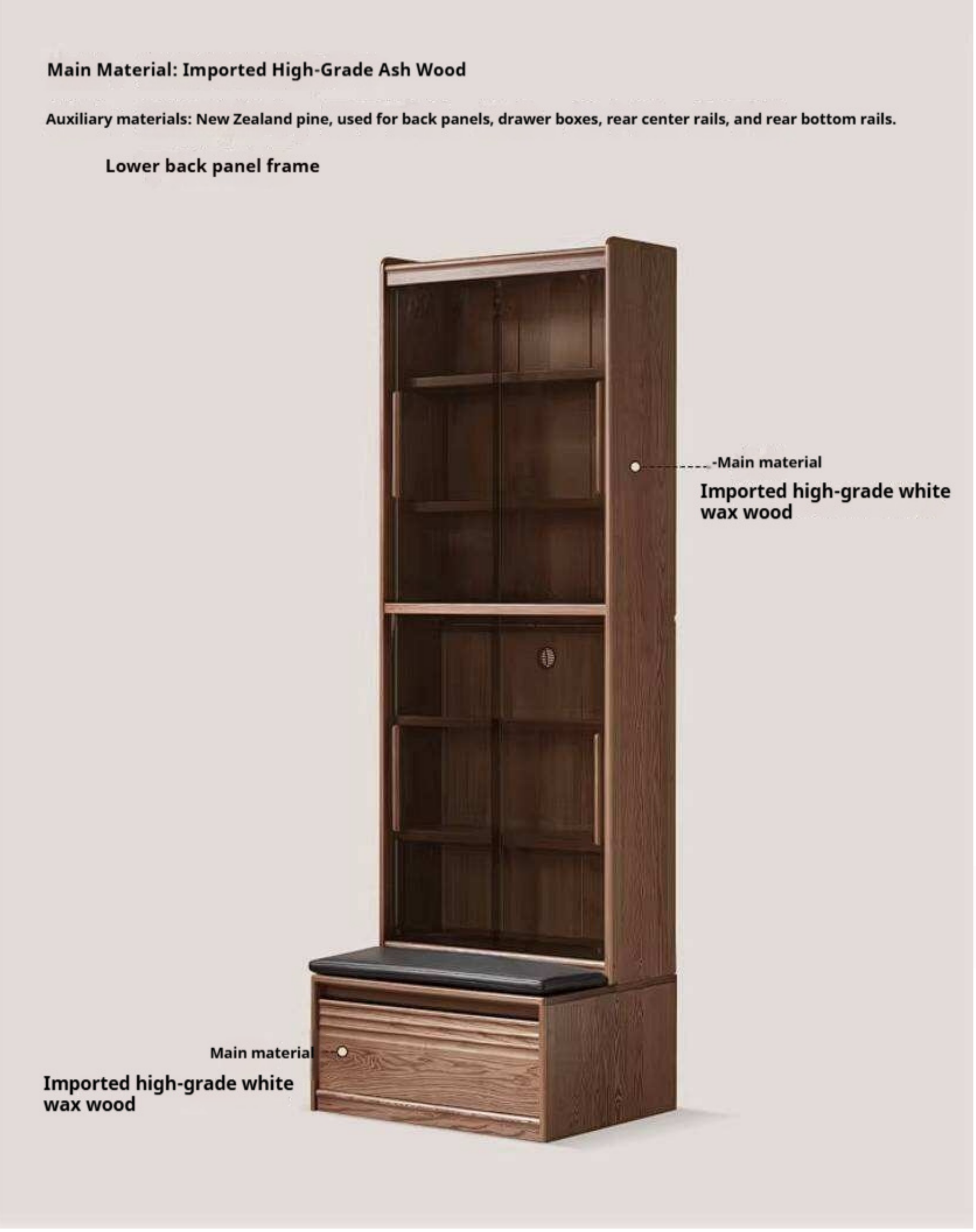 Ash Solid Wood Bookcase with Built In Bench Seat and Storage Drawer, Display Cabinet