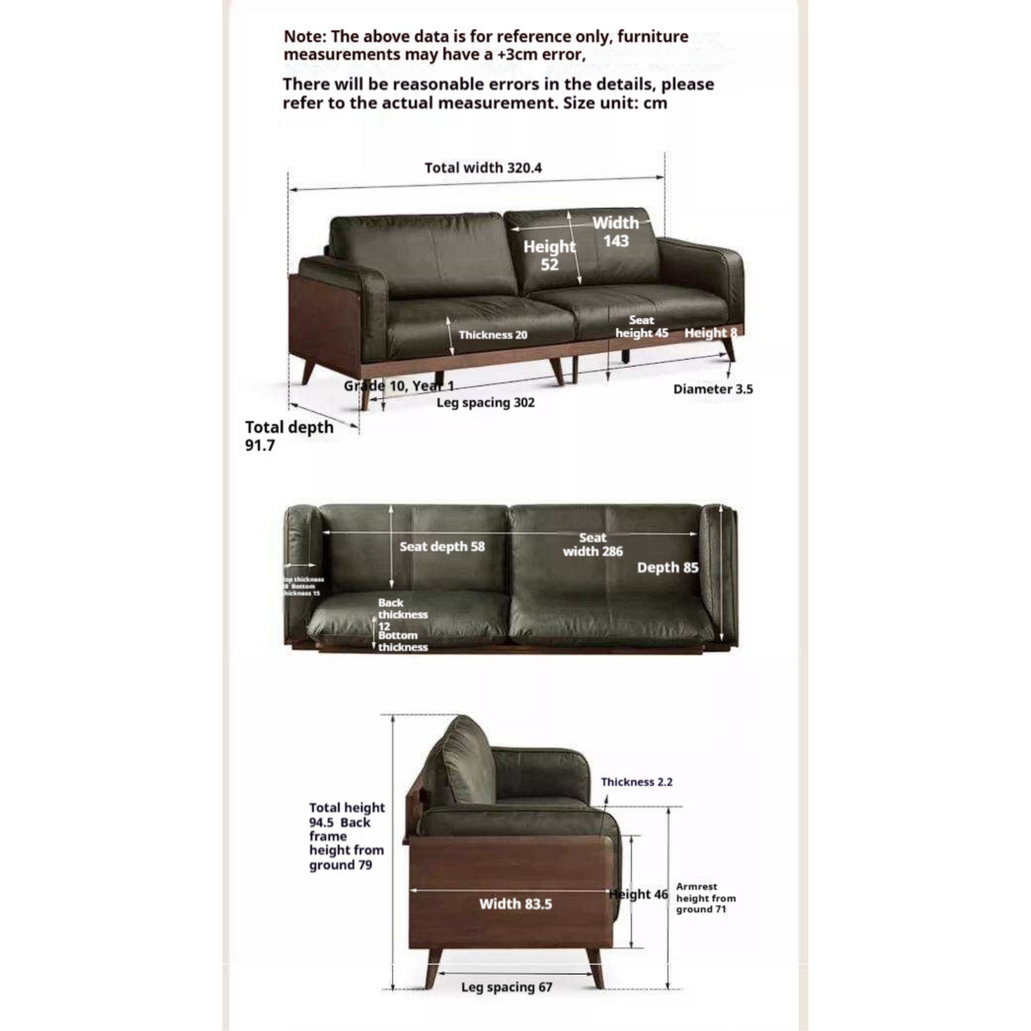 Rubberwood Solid Wood Genuine leather Sofa with Deep Seats and Slim Walnut Frame