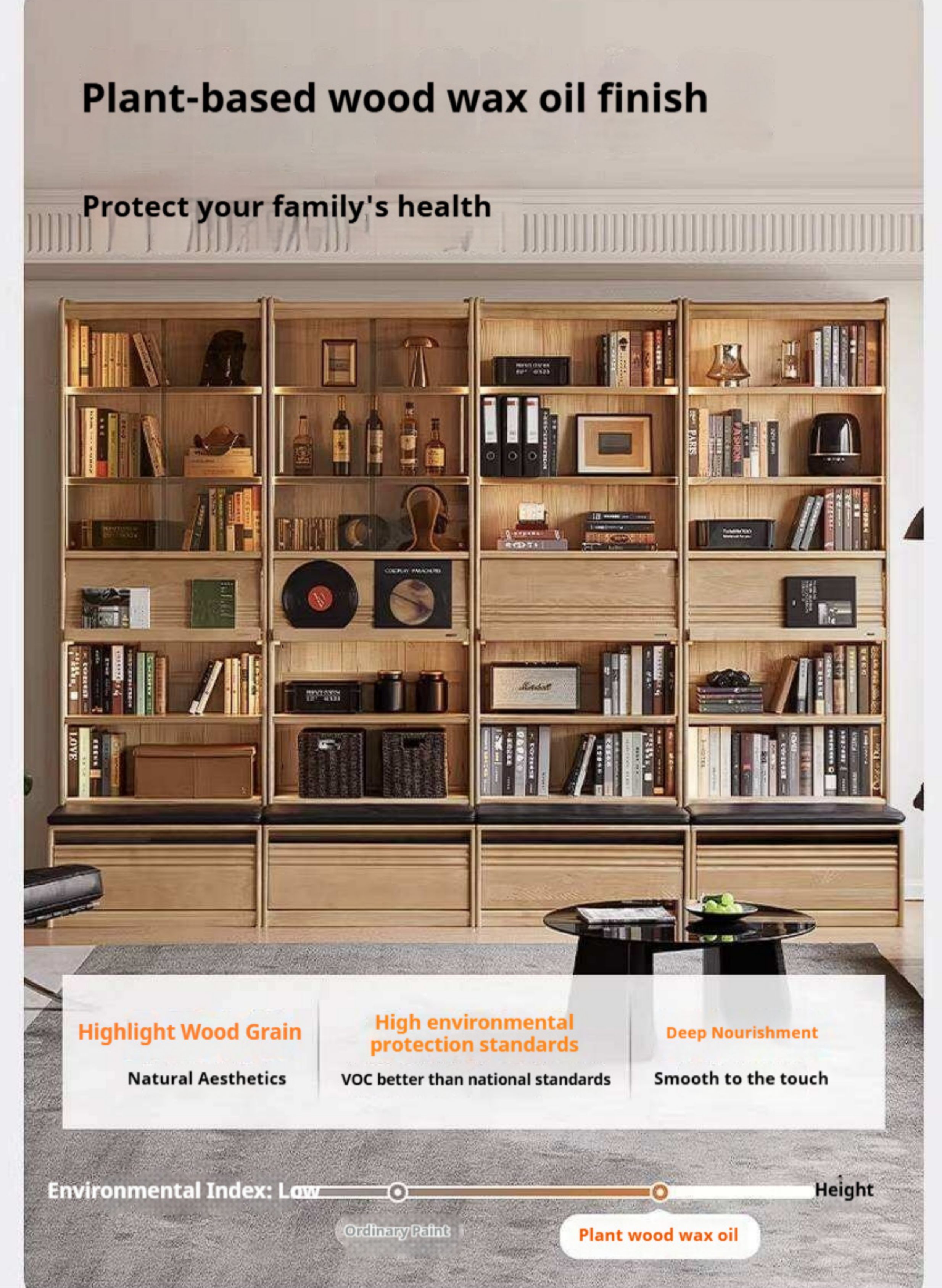 Ash Solid Wood Bookshelf with Wall Mounted Display Cabinet Design