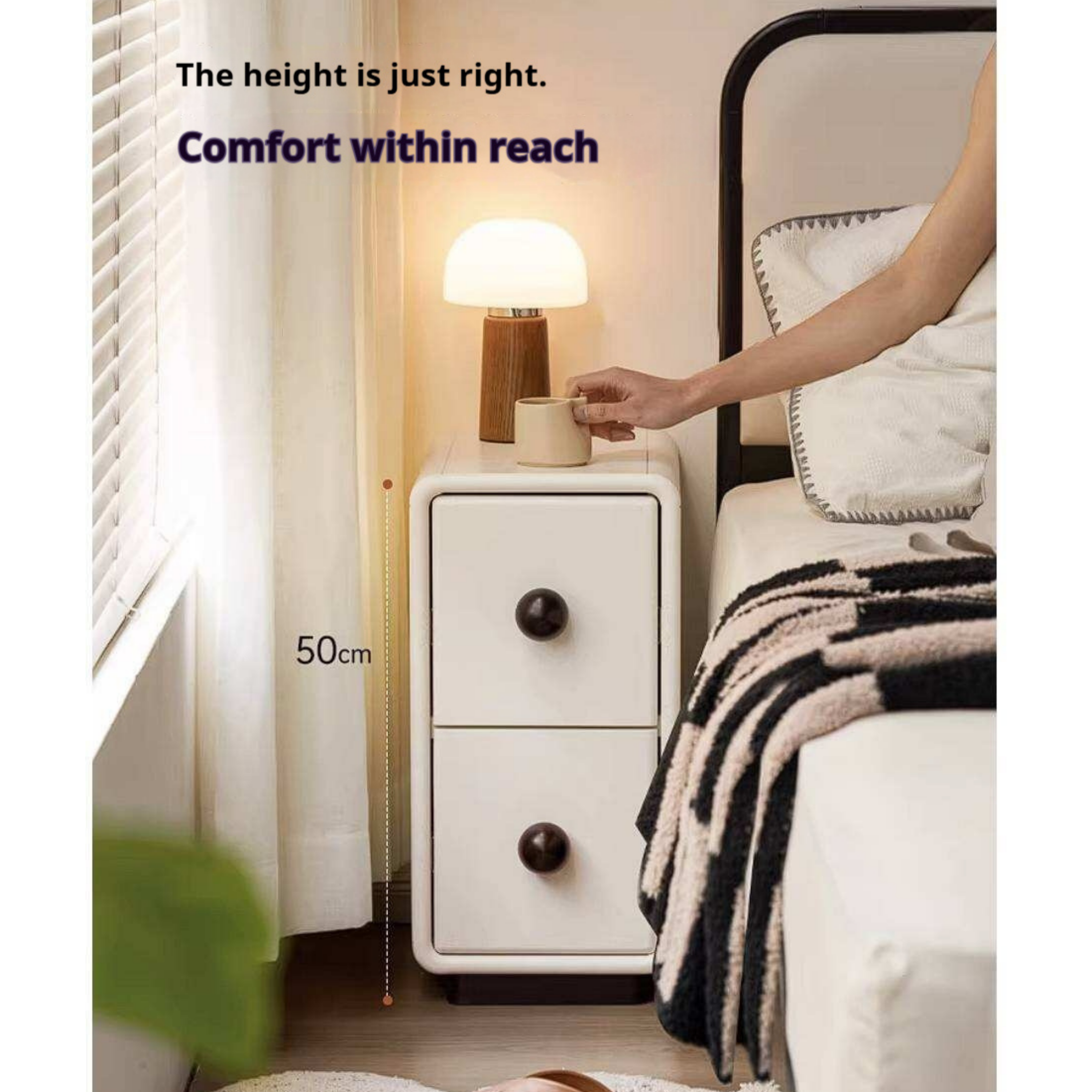 Rubberwood Solid Wood Slim Cream White Nightstand with Rounded Corners and Two Drawers
