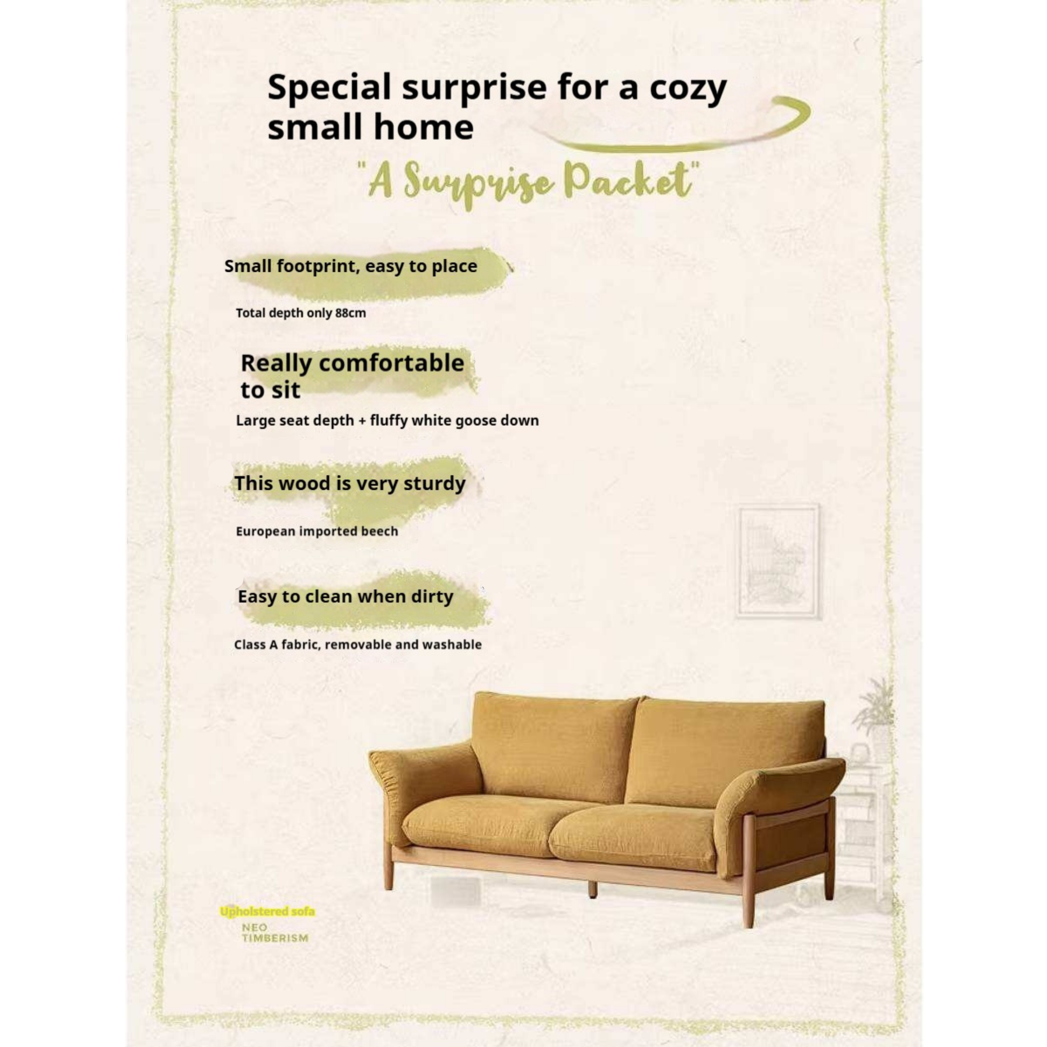 Beech Solid Wood Sofa with Modern Minimalist Design