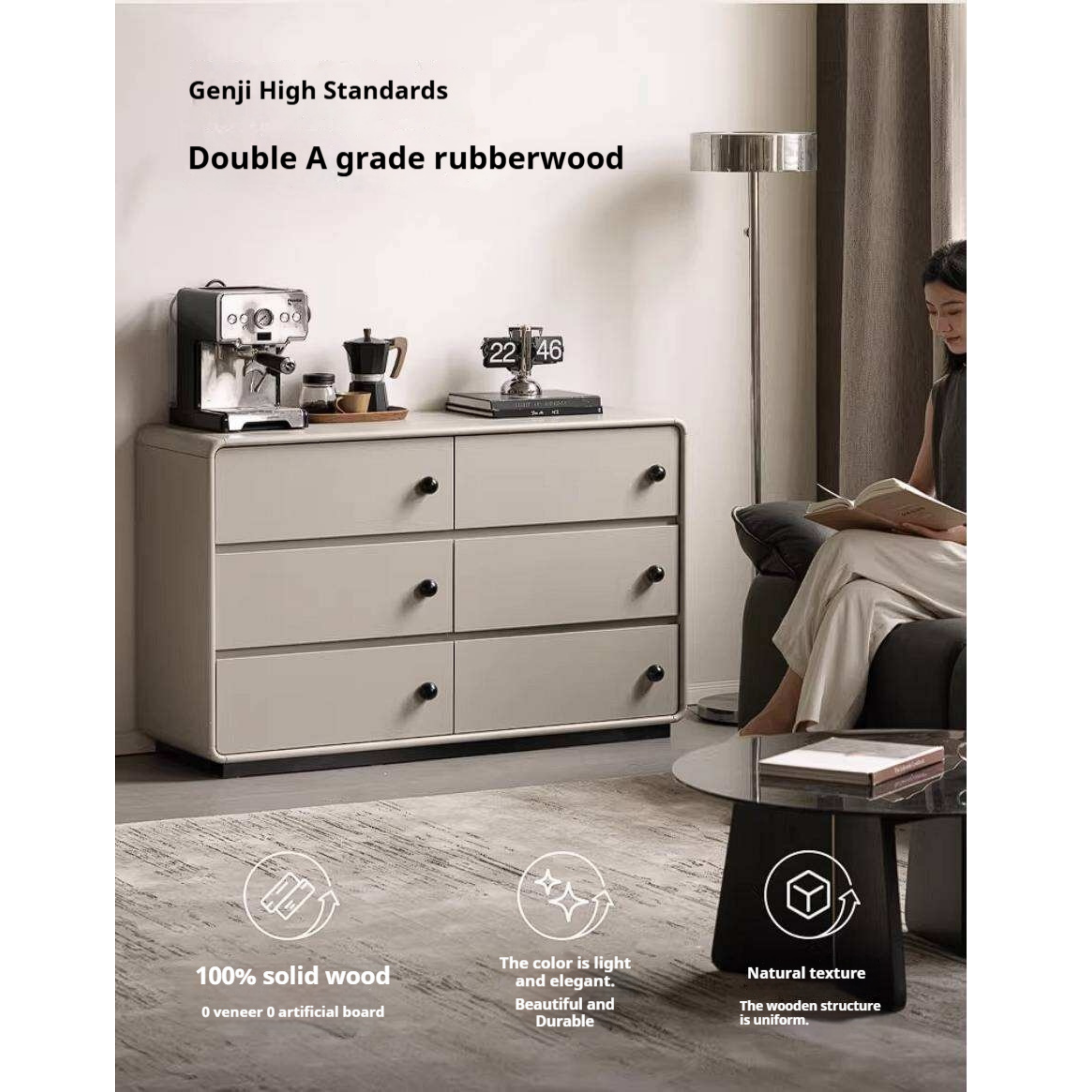 Rubberwood Solid Contemporary Two-Tone Dresser with Rounded Edge Frame and Minimalist Modular Design