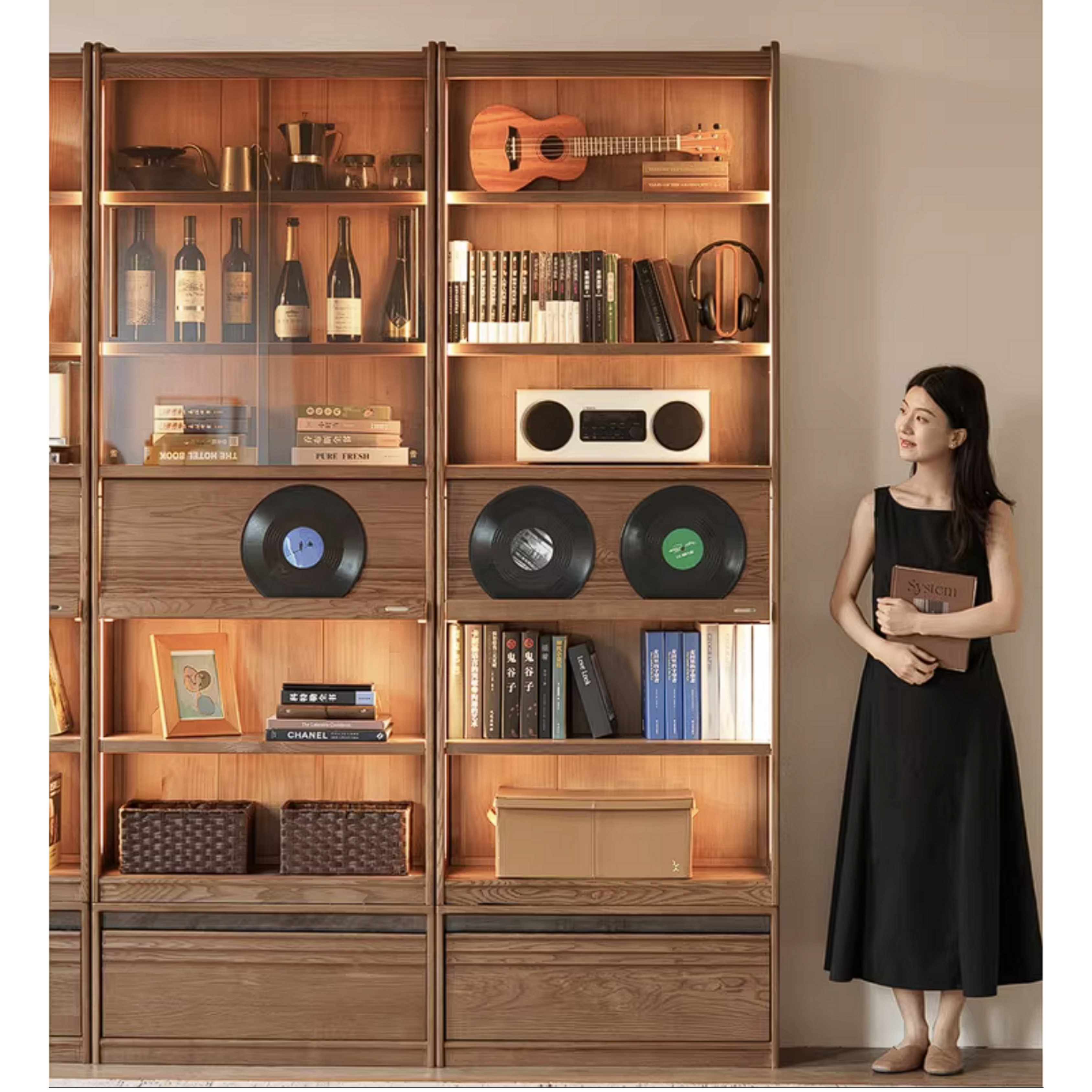 Ash Solid Wood Bookcase with Wall-Mounted Display and Storage Cabinet