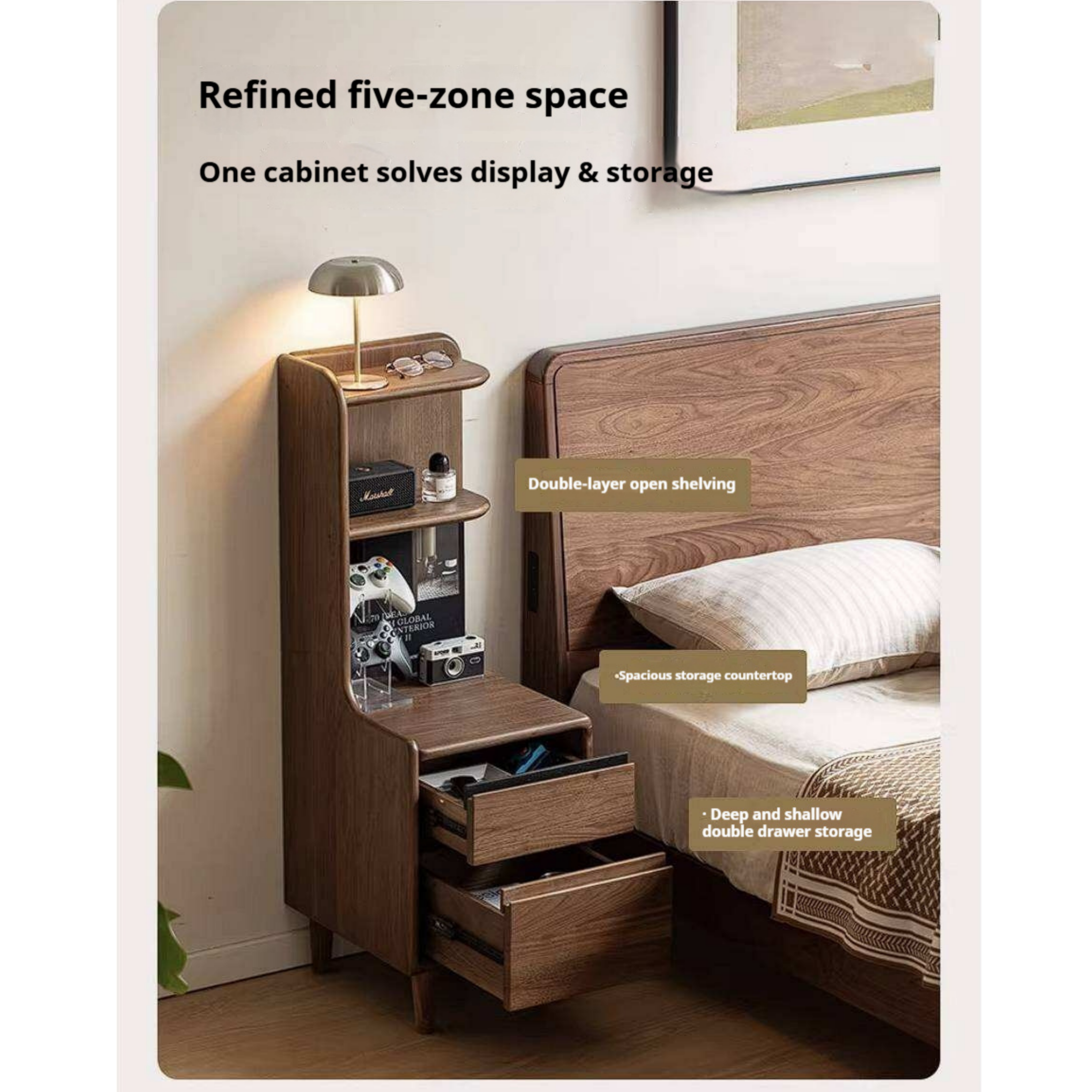 Black Walnut Solid Wood Nightstand with Drawer and Open Shelf