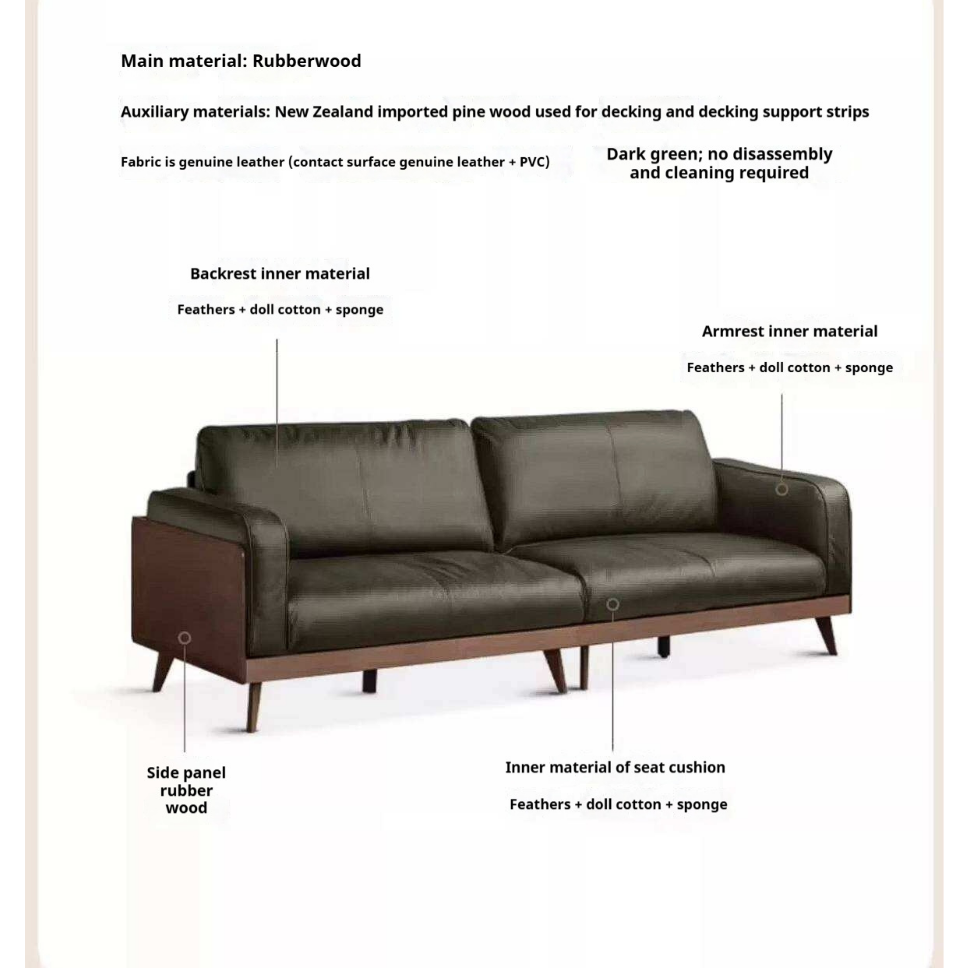 Rubberwood Solid Wood Genuine leather Sofa with Deep Seats and Slim Walnut Frame