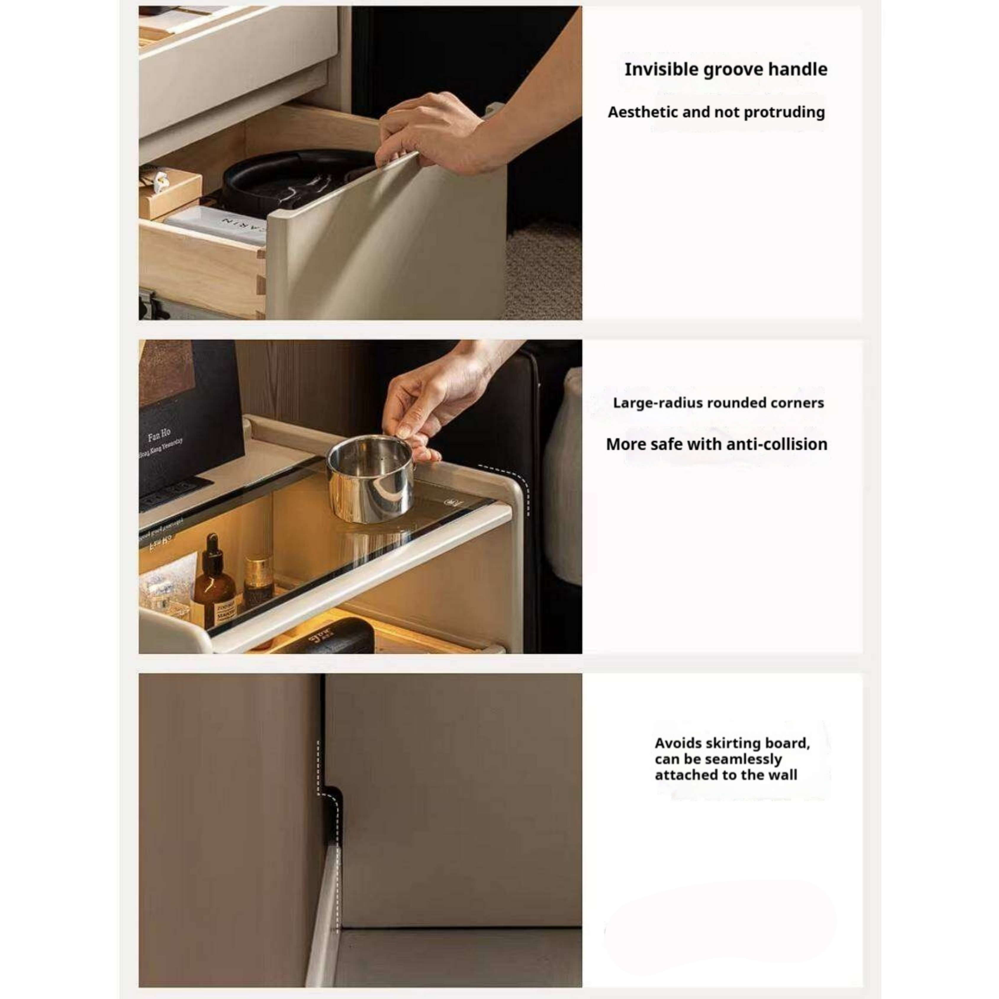 Rubberwood Solid Wood Taupe Nightstand with Tempered Glass Top, Built-In Outlet, and LED-Lit Organizer Drawer