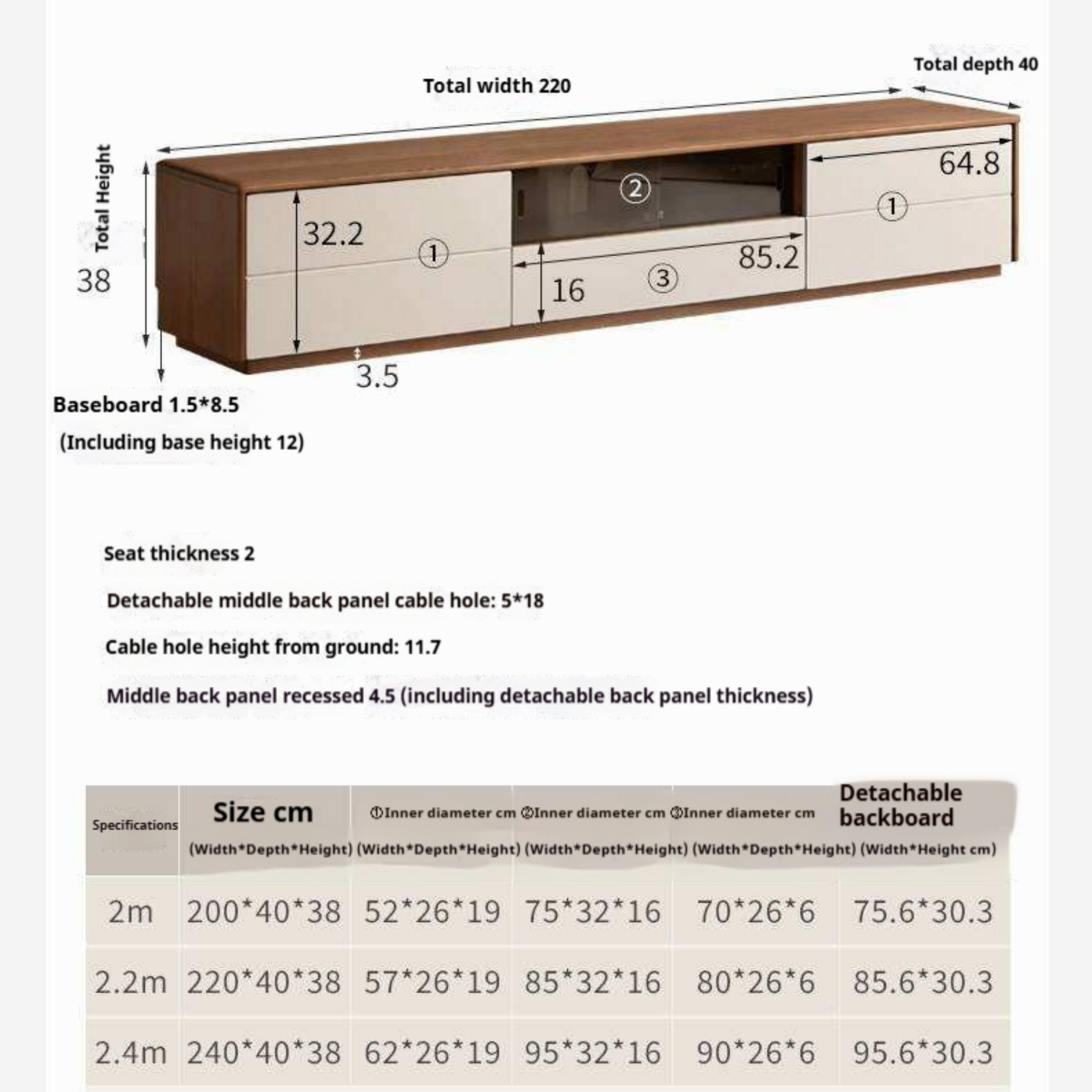 Black Walnut Solid Wood Low Profile TV Stand, Italian Modern Color Block Media Console with Storage