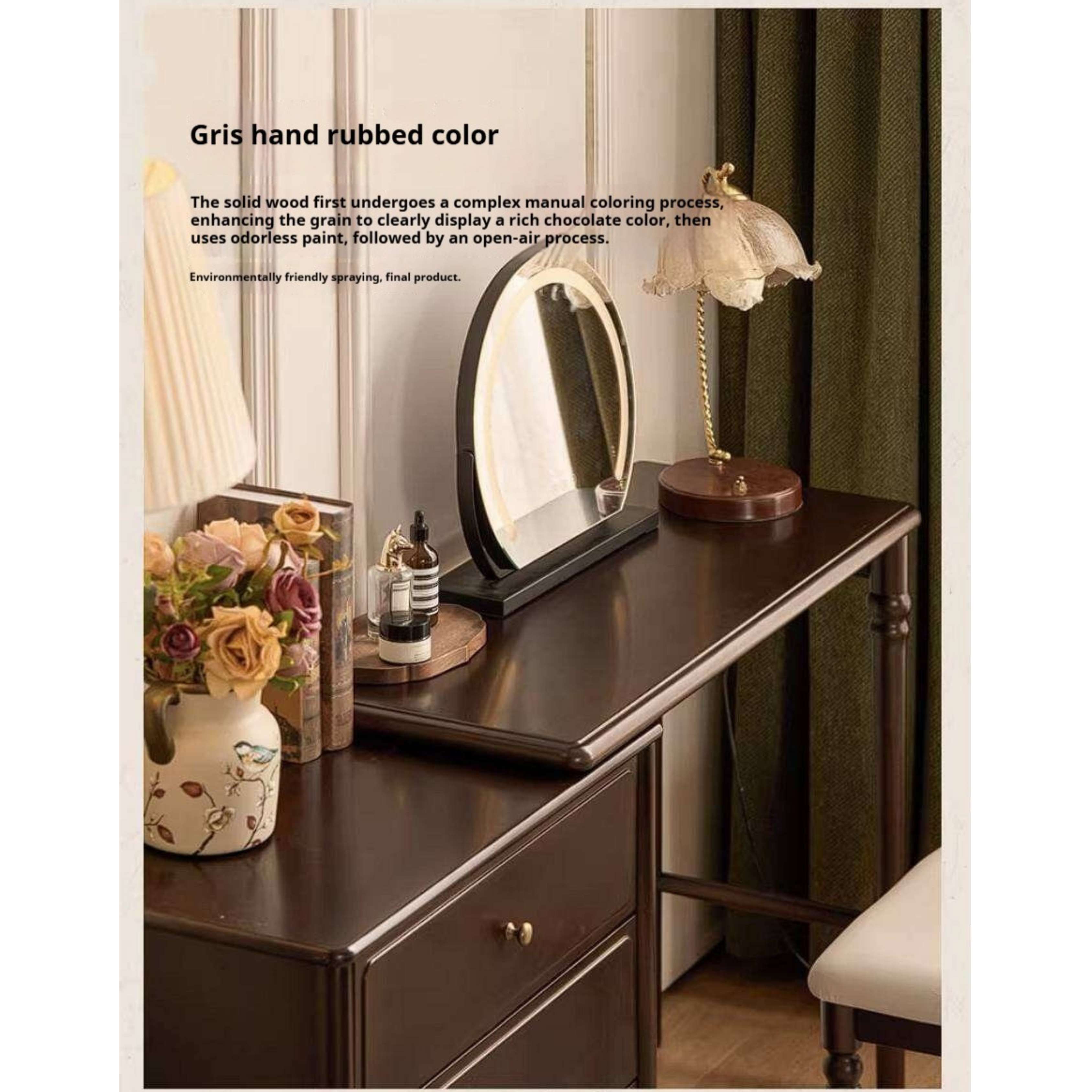 Poplar Solid Wood Vintage Extendable Vanity Desk with Round Mirror and Turned Legs