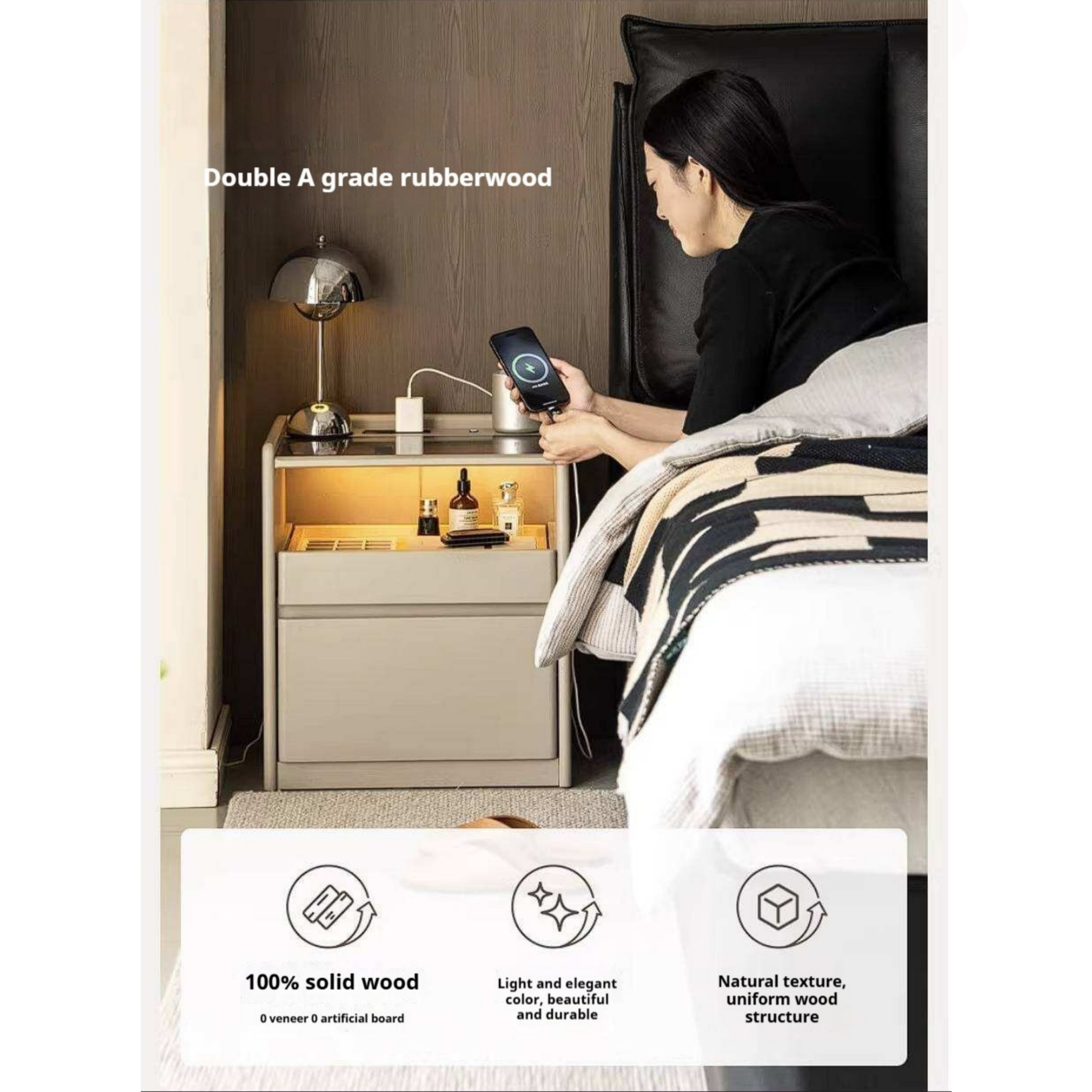 Rubberwood Solid Wood Taupe Nightstand with Tempered Glass Top, Built-In Outlet, and LED-Lit Organizer Drawer