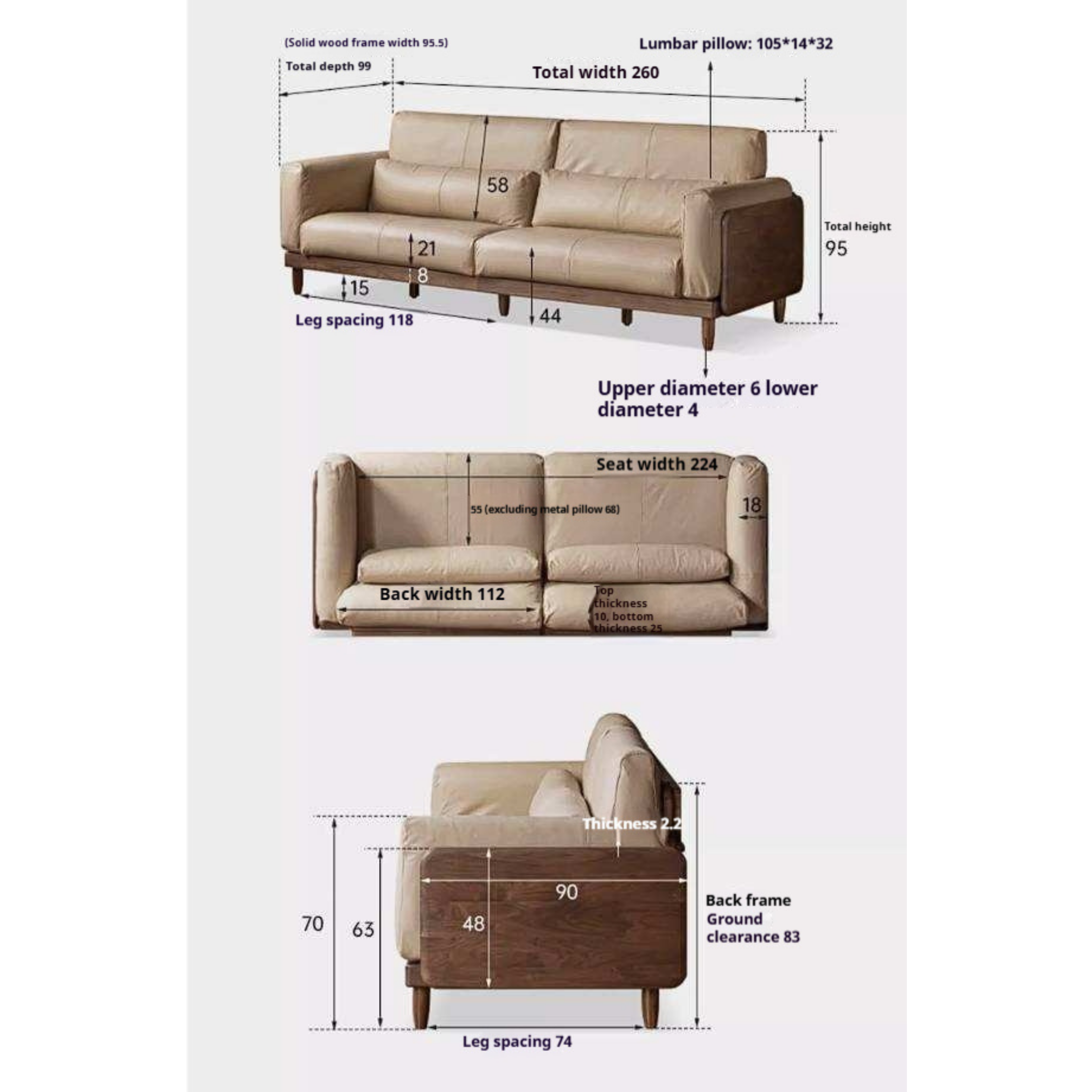 Black Walnut, Golden Sandalwood Solid Wood Sofa Genuine leather, fabric