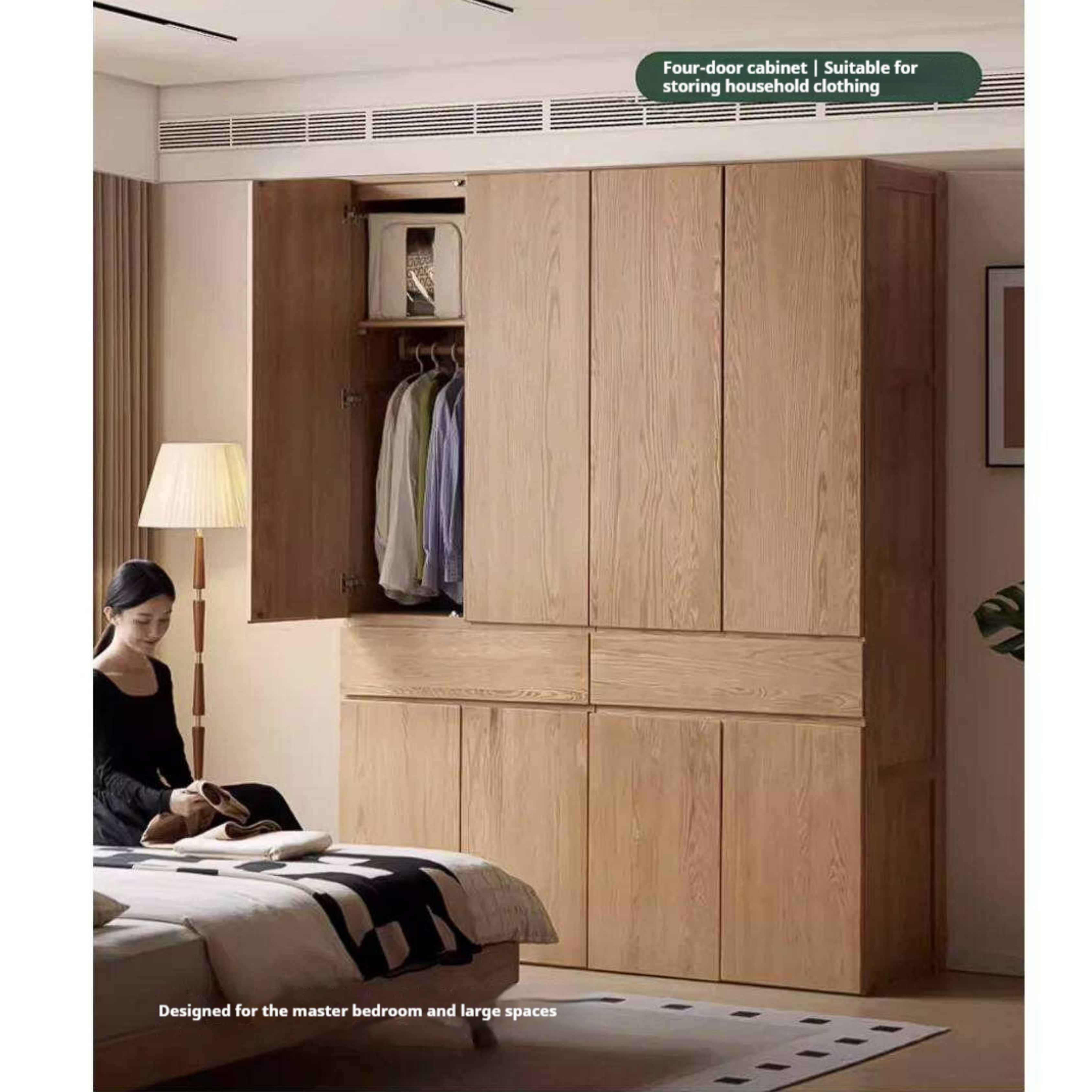 Oak Solid Wood Double Door Wardrobe with pull-out storage drawers Design