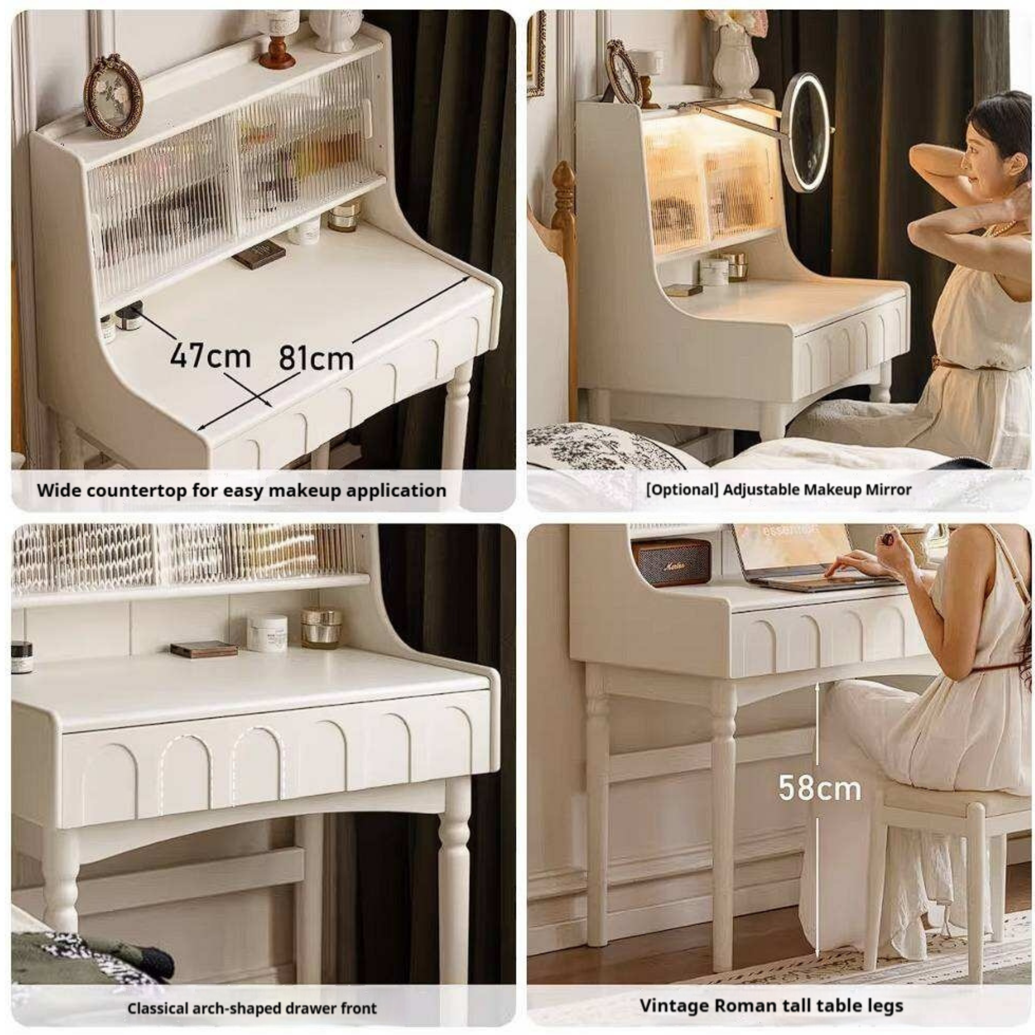 Rubberwood Solid Wood French Retro Vanity Desk with Lighted Storage Mirror and Drawers