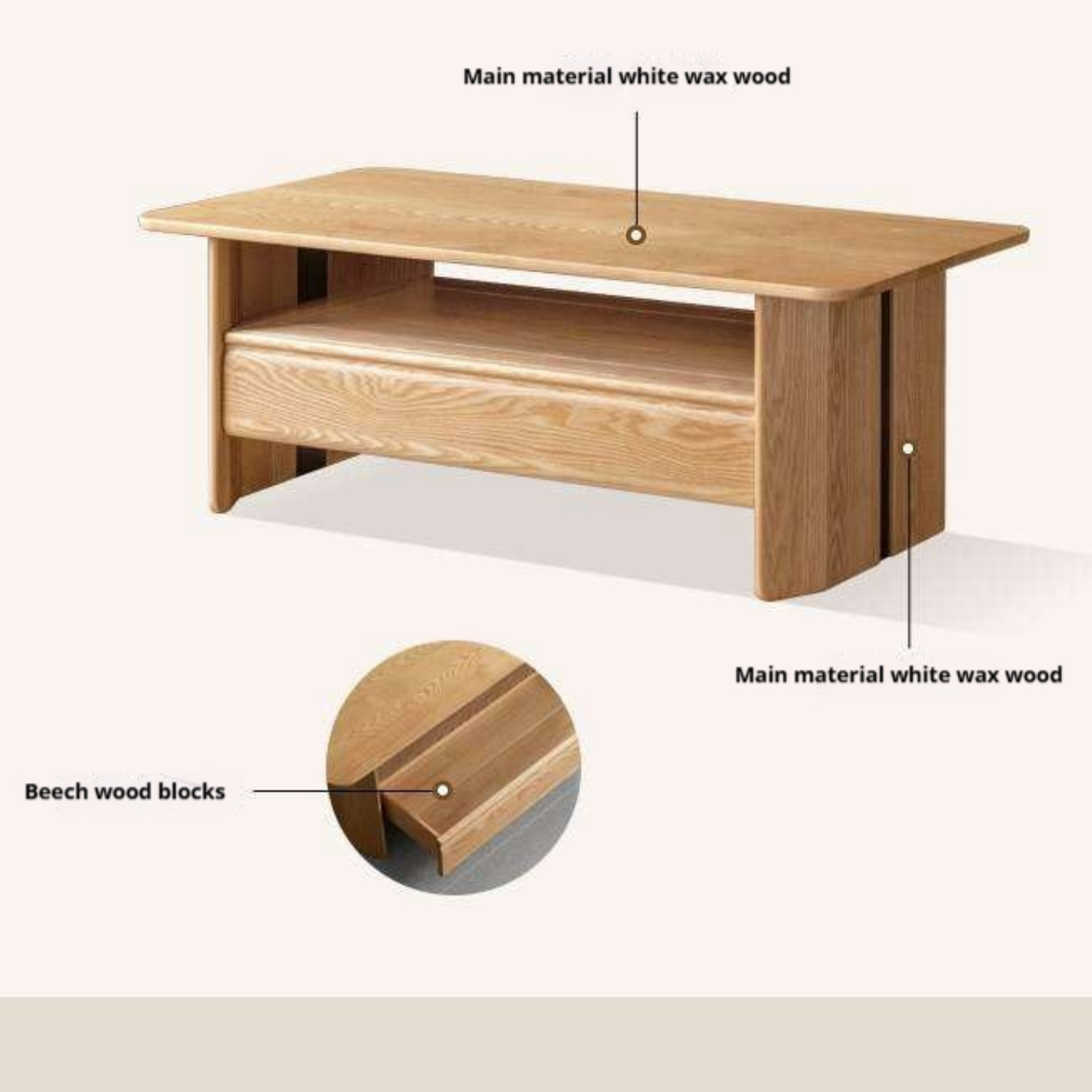 Ash Solid Wood Coffee Table with Two-Level Storage and Minimalist Design