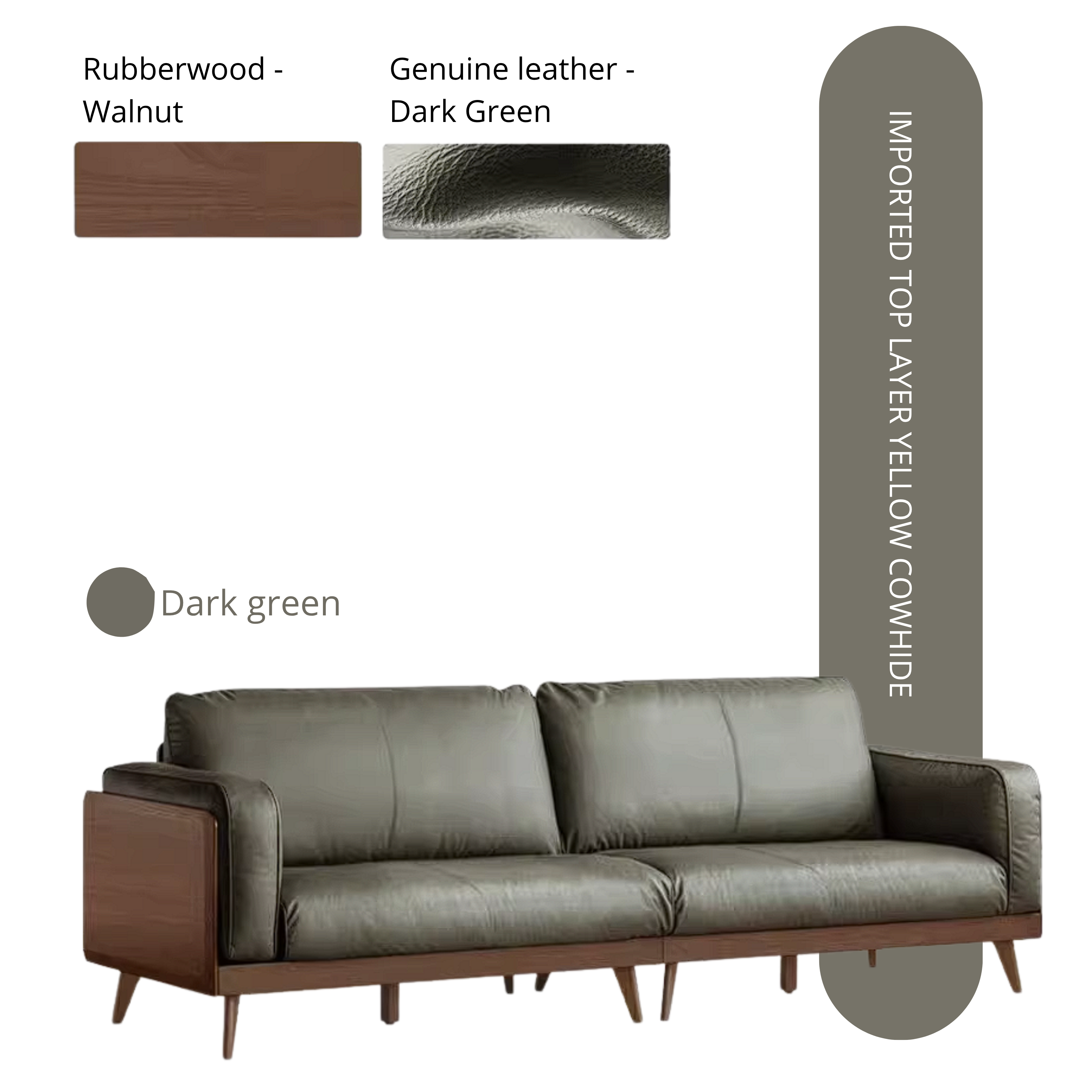 Rubberwood Solid Wood Genuine leather Sofa with Deep Seats and Slim Walnut Frame