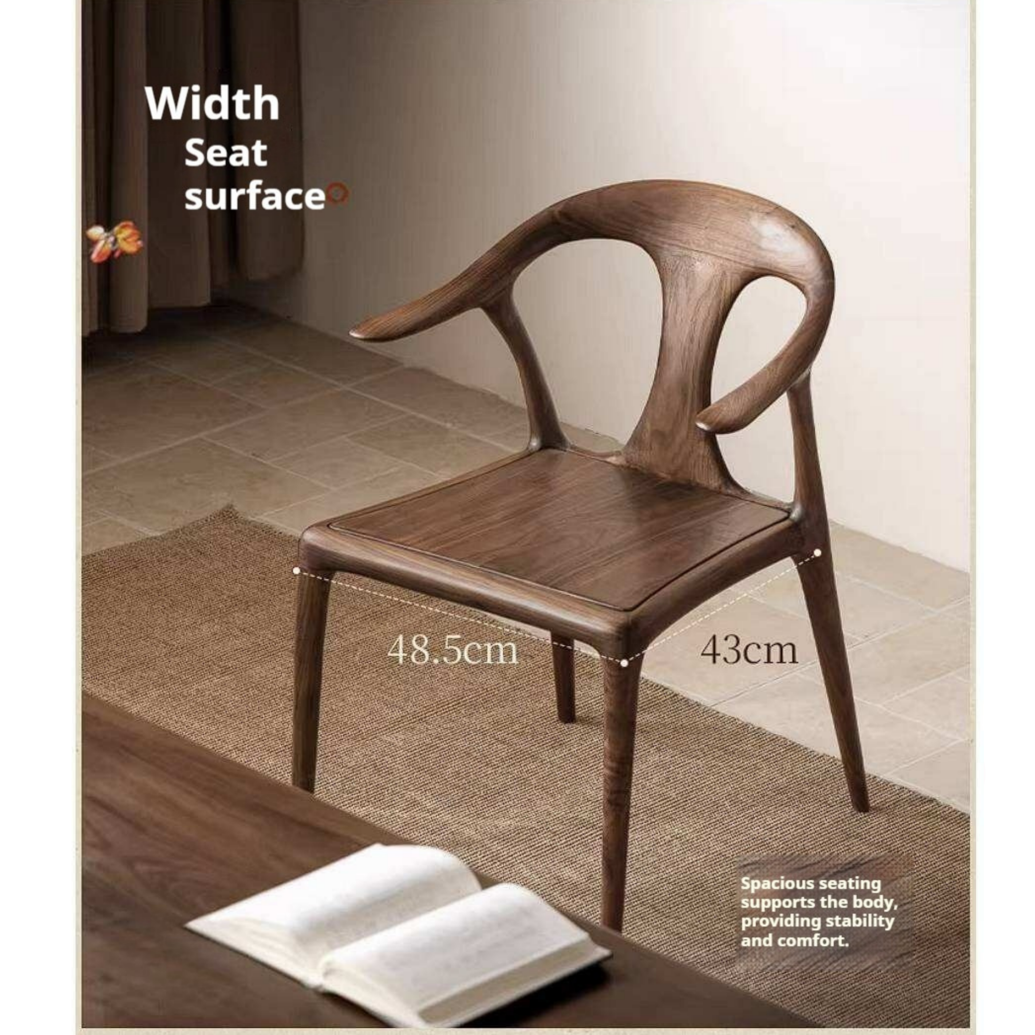 Black Walnut Solid Wood Ox Horn Dining Chair with Carved Curved Armrests