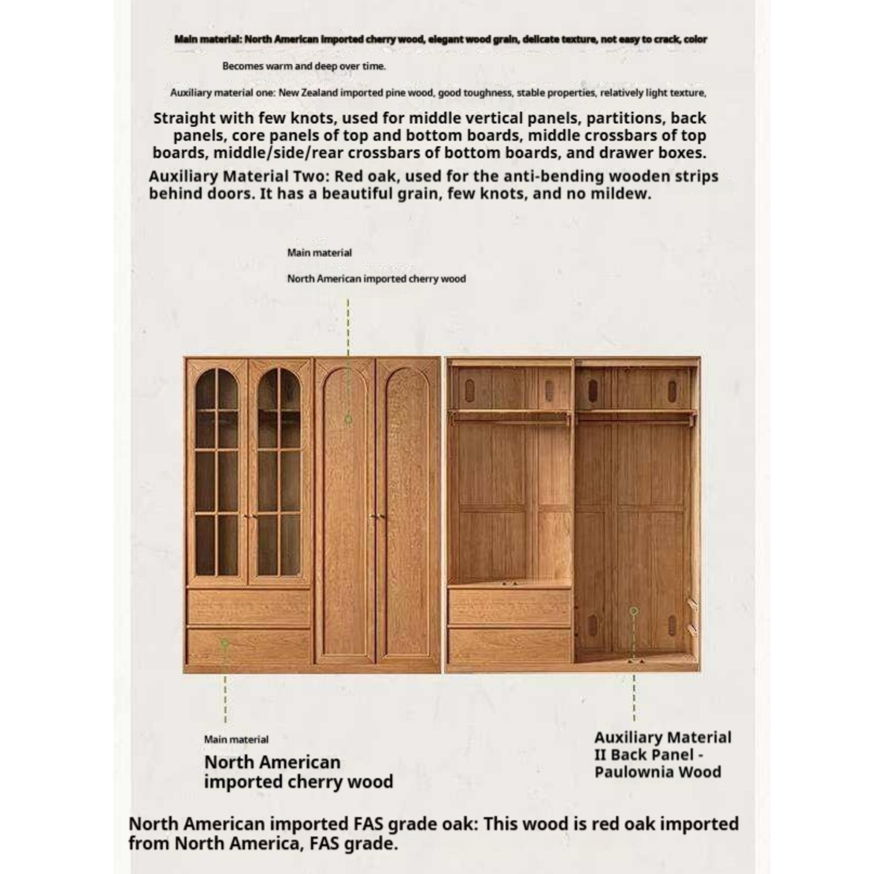 Cherry Solid Wood Wardrobe with French Retro Style Double Door Design