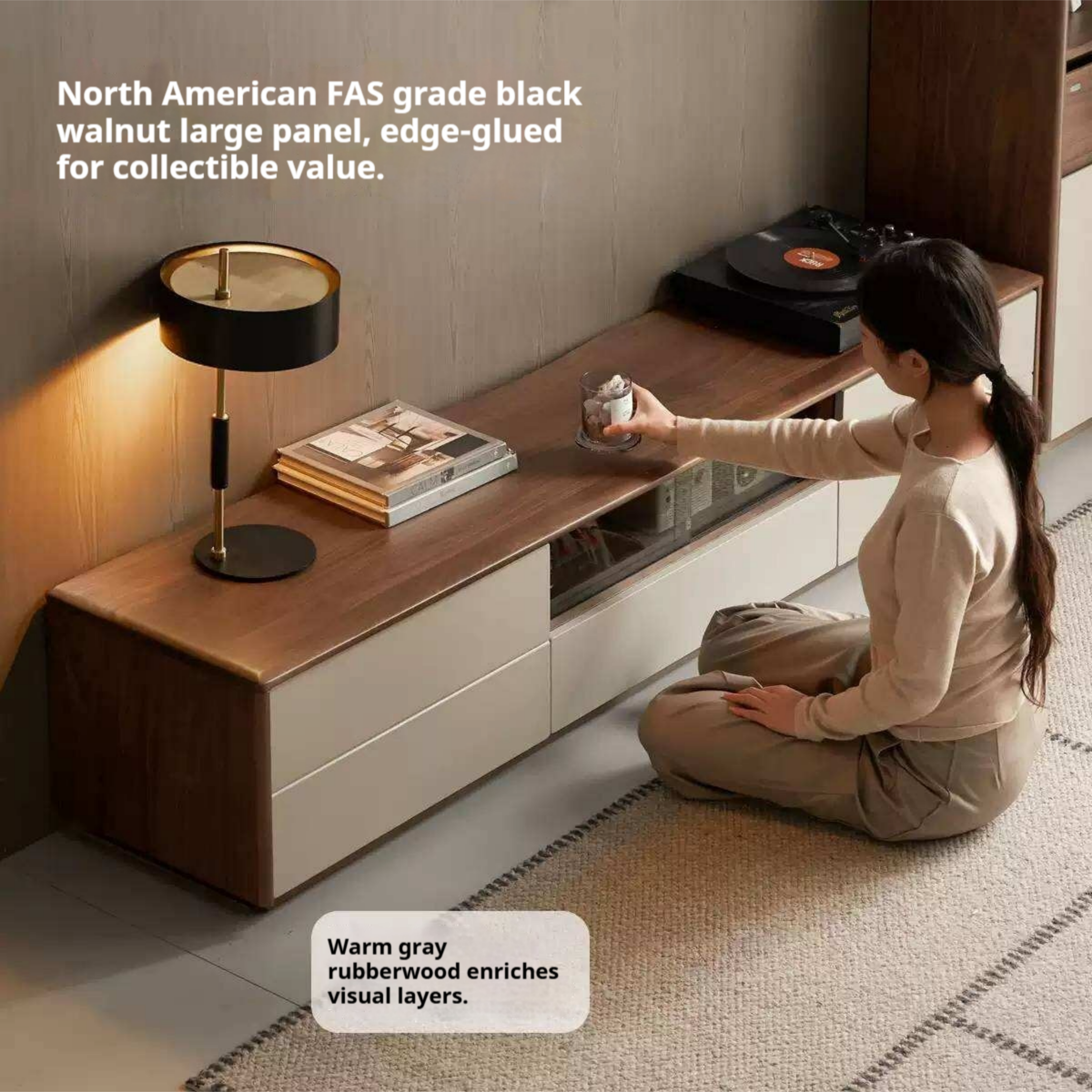 Black Walnut Solid Wood Low Profile TV Stand, Italian Modern Color Block Media Console with Storage