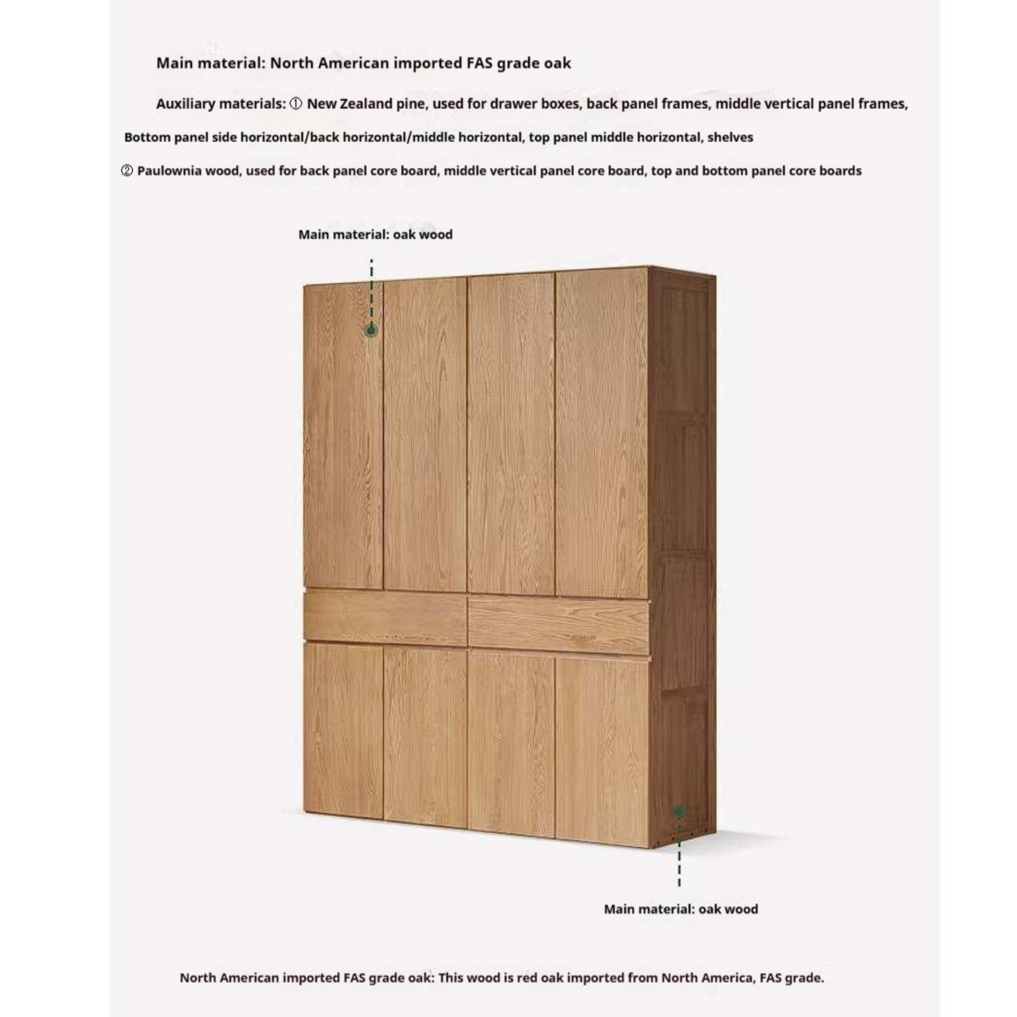 Oak Solid Wood Double Door Wardrobe with pull-out storage drawers Design