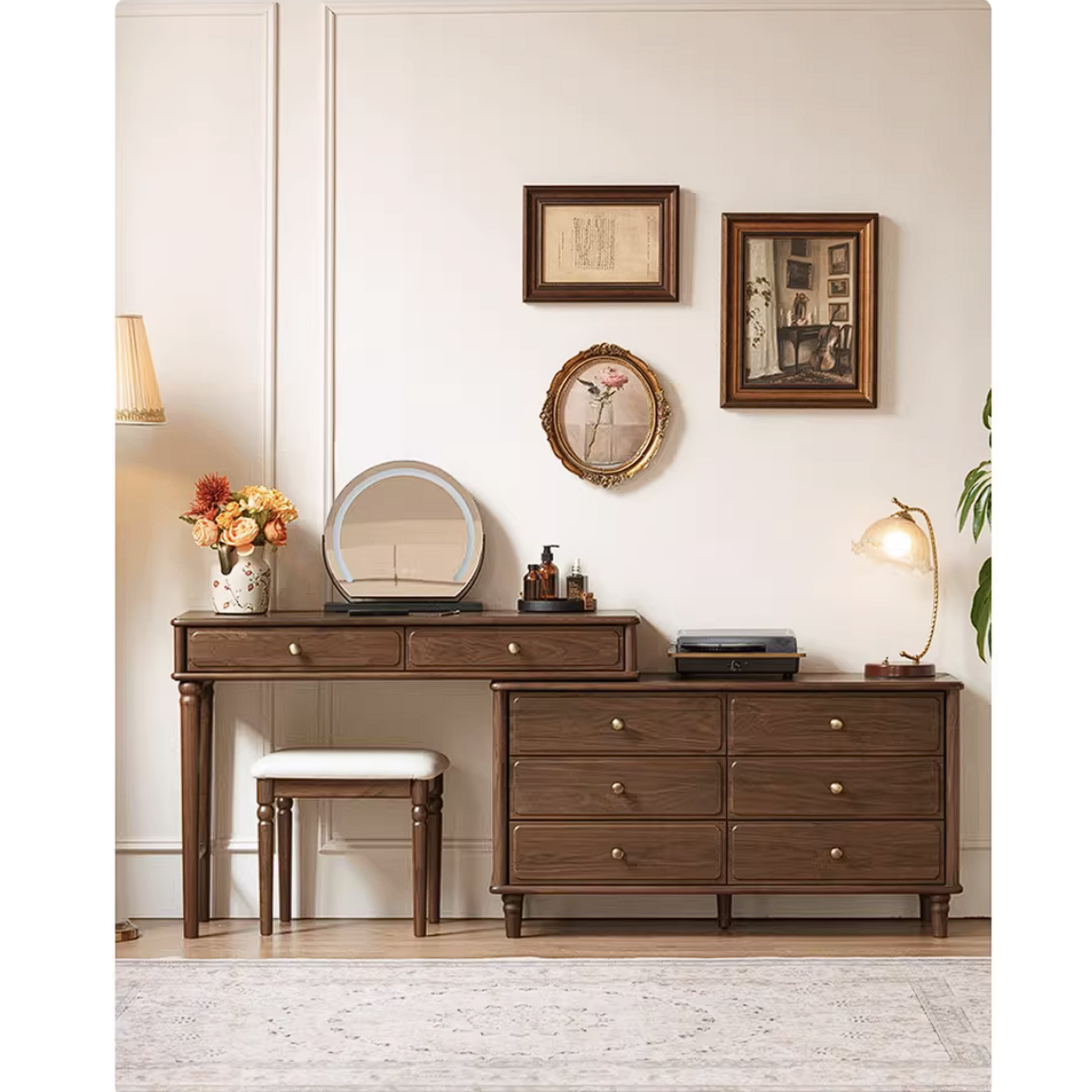 Black Walnut, Oak Solid Wood Extendable Vanity Desk and 6-Drawer Dresser Combo