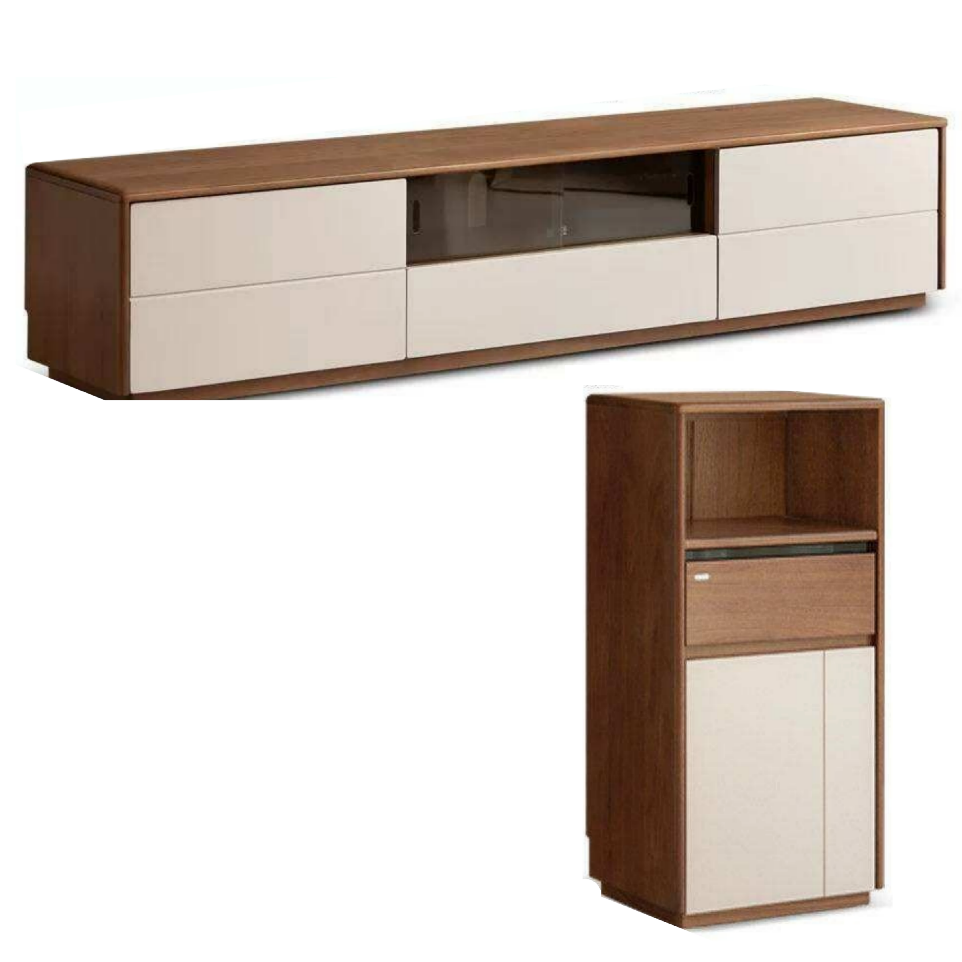 Black Walnut Solid Wood Low Profile TV Stand, Italian Modern Color Block Media Console with Storage