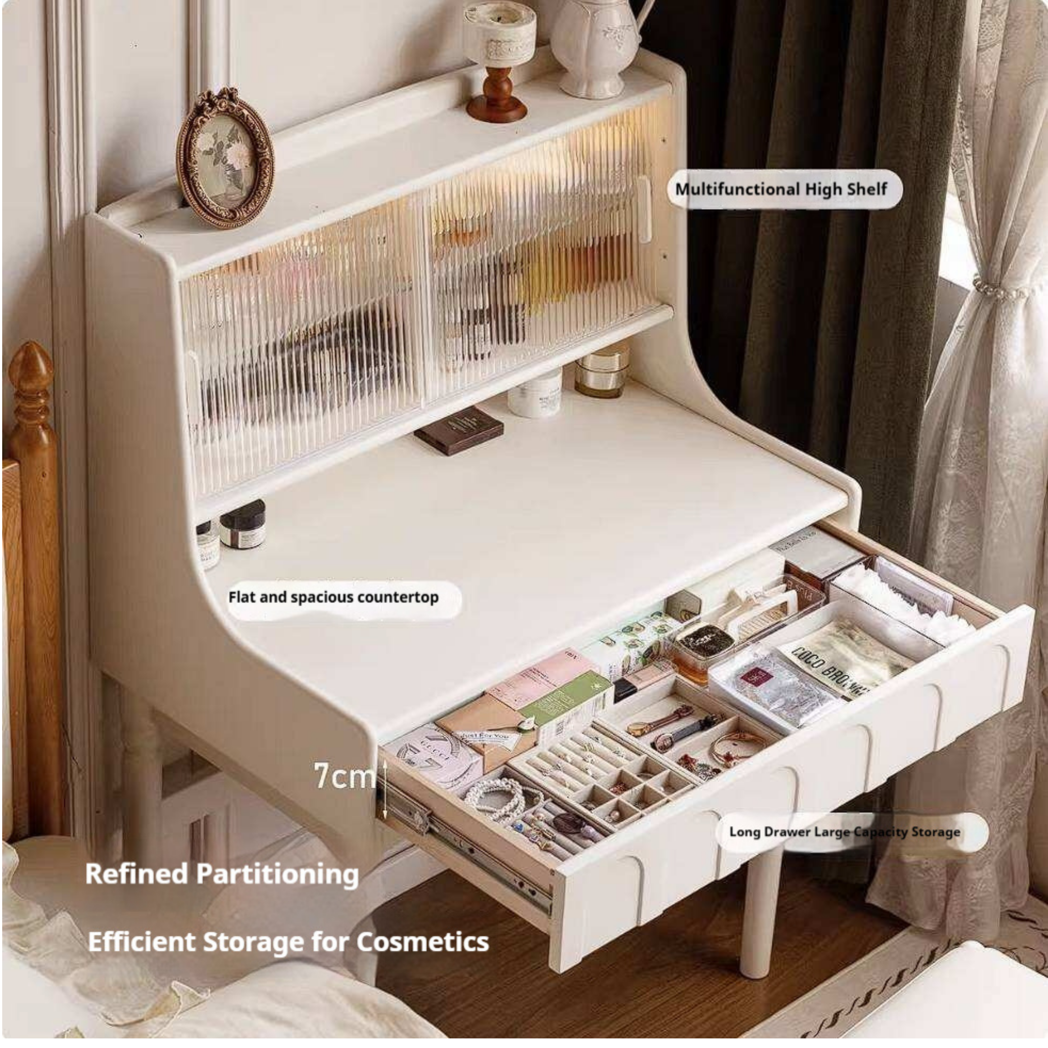 Rubberwood Solid Wood French Retro Vanity Desk with Lighted Storage Mirror and Drawers