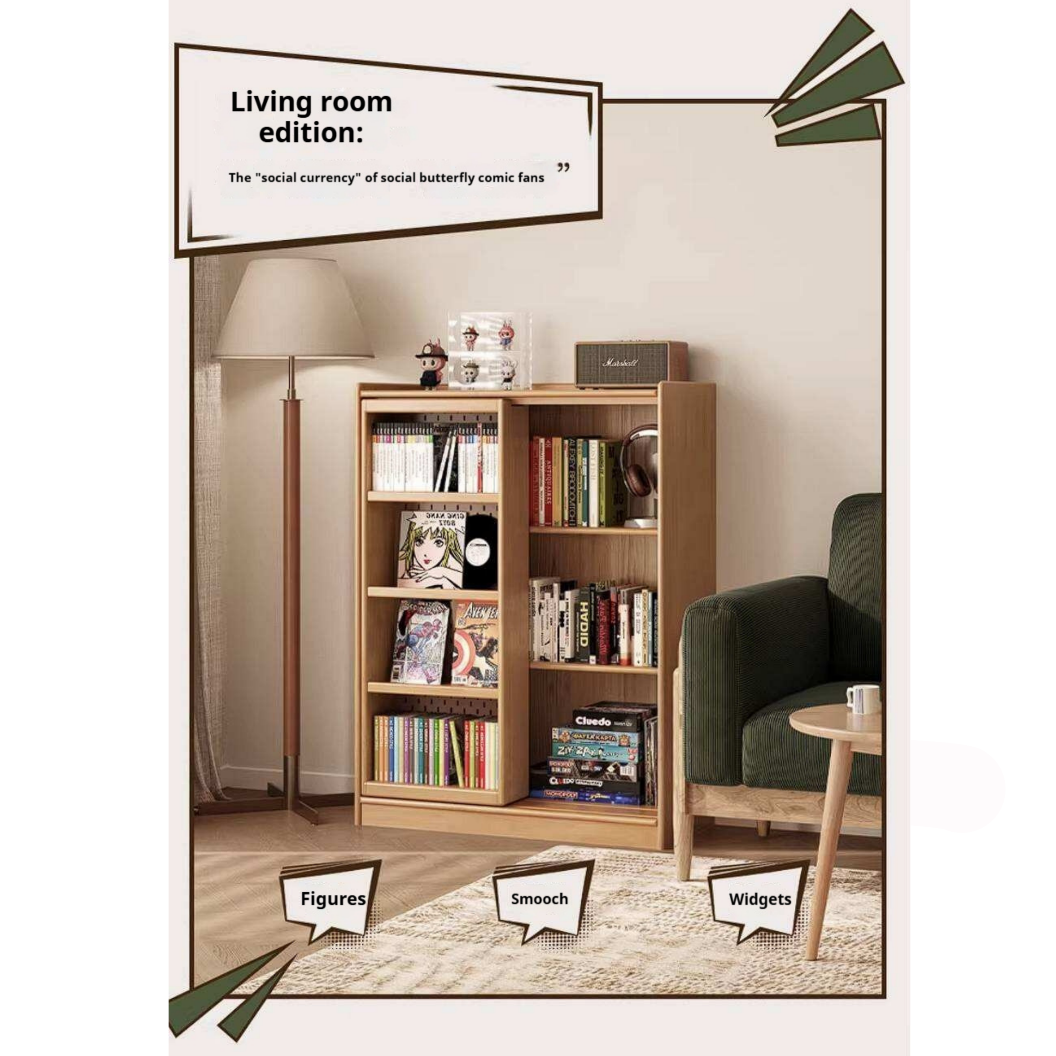 Rubberwood Solid Wood Bookshelf Floor-Standing Shelves and Sliding Doors