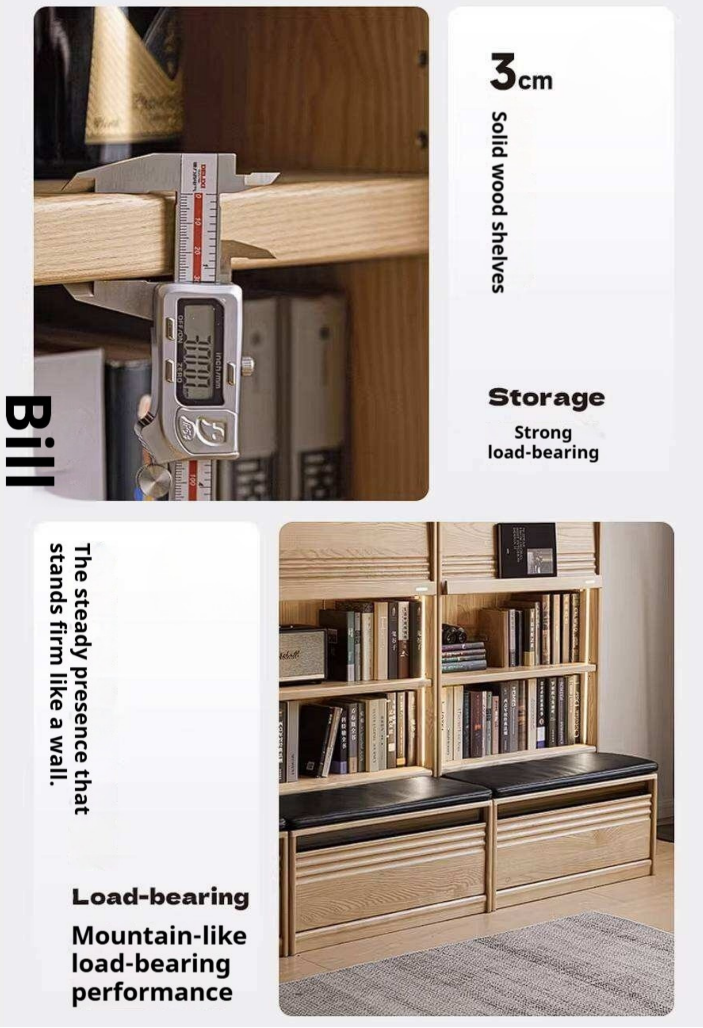 Ash Solid Wood Bookshelf with Wall Mounted Display Cabinet Design