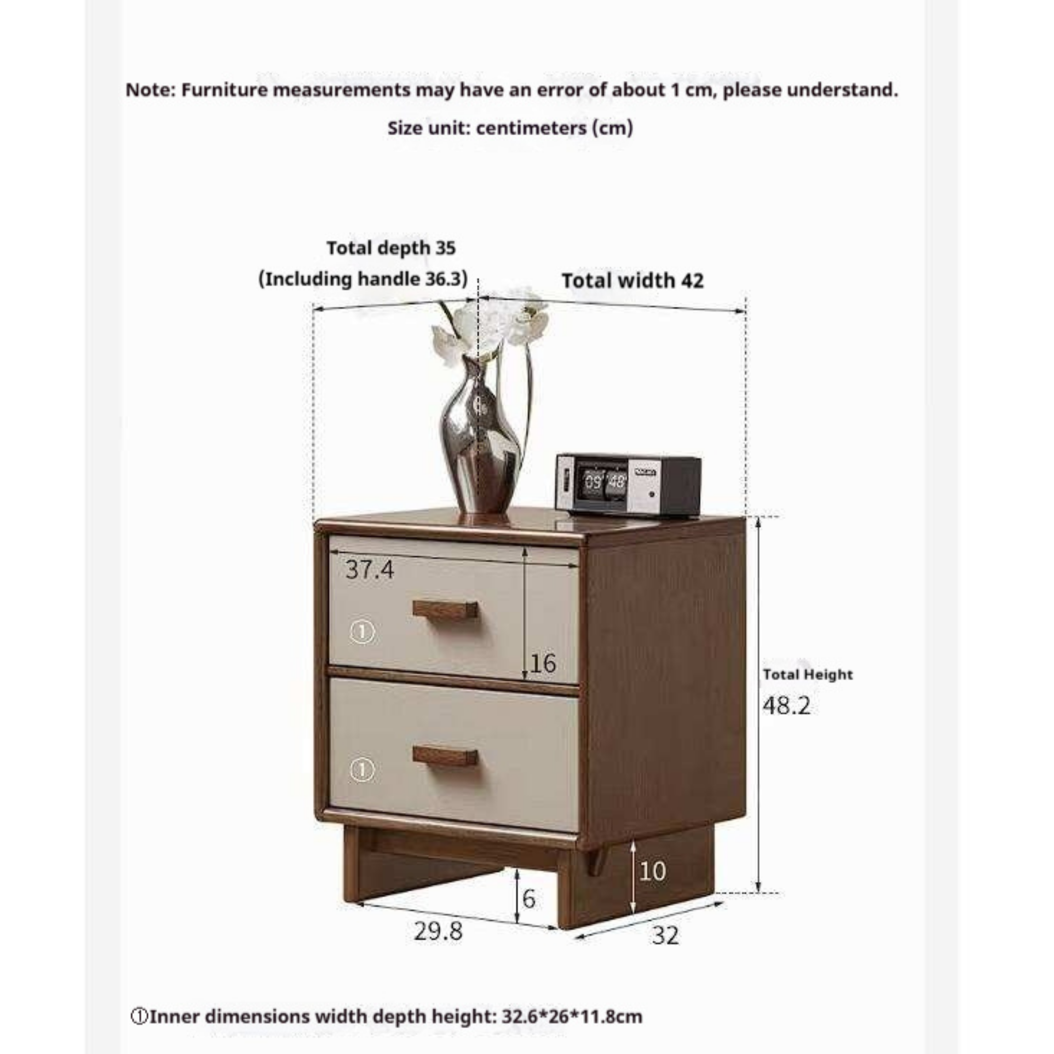 Rubberwood Solid Wood Two-Tone Nightstand with Cream Drawer Fronts and Tapered Legs