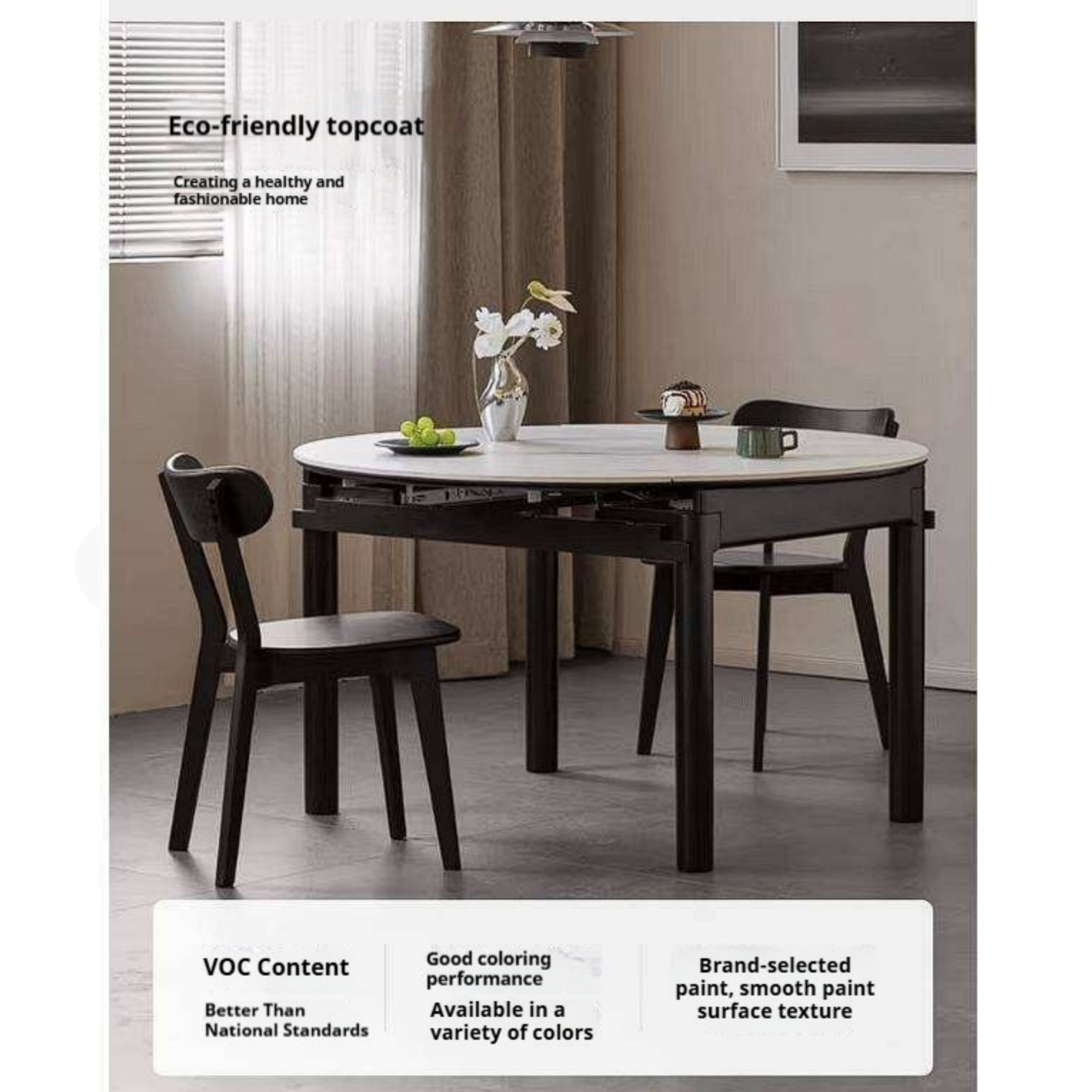 Rubberwood Solid Wood Extendable Round Dining Table with Stone Top