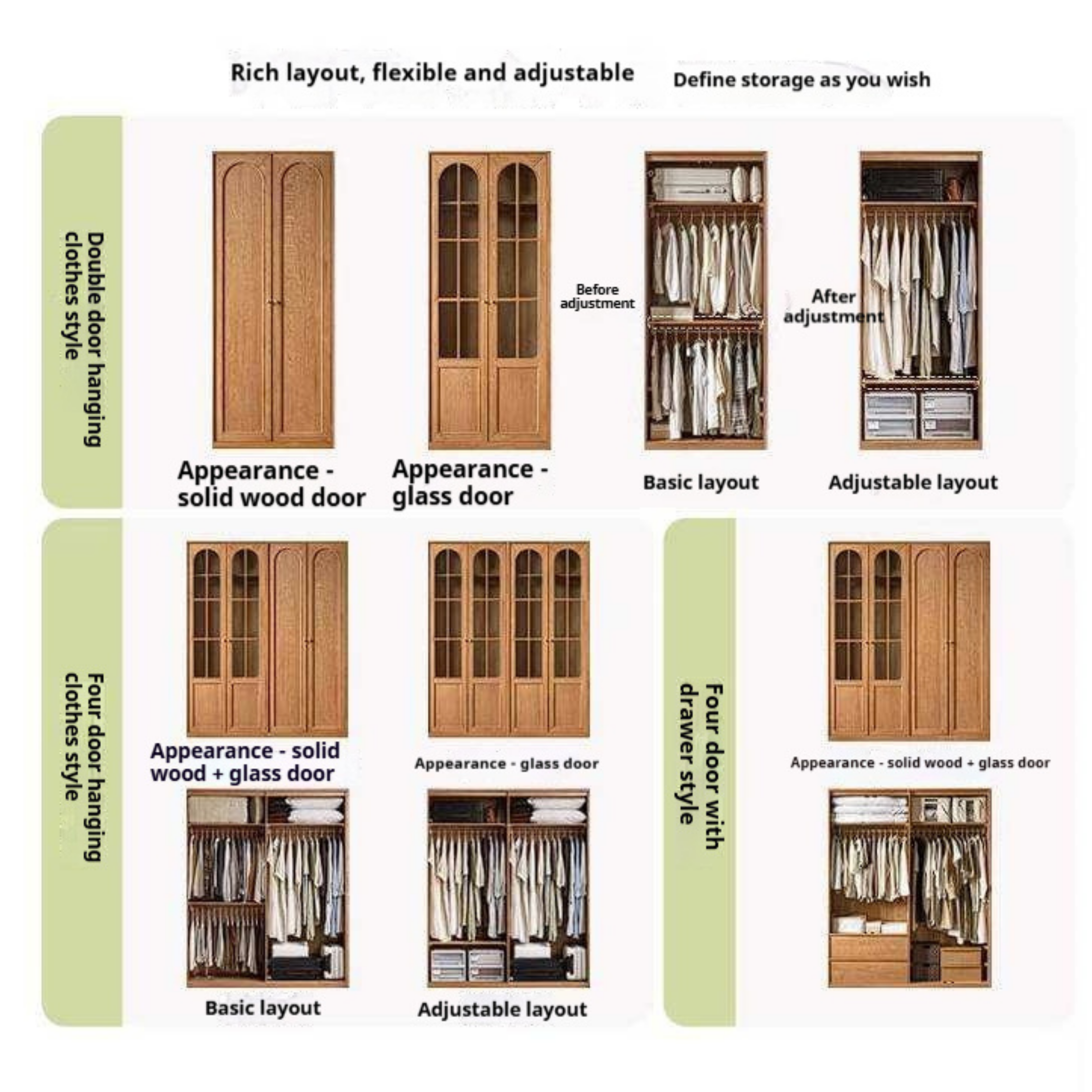 Cherry Solid Wood Wardrobe with French Retro Style Double Door Design