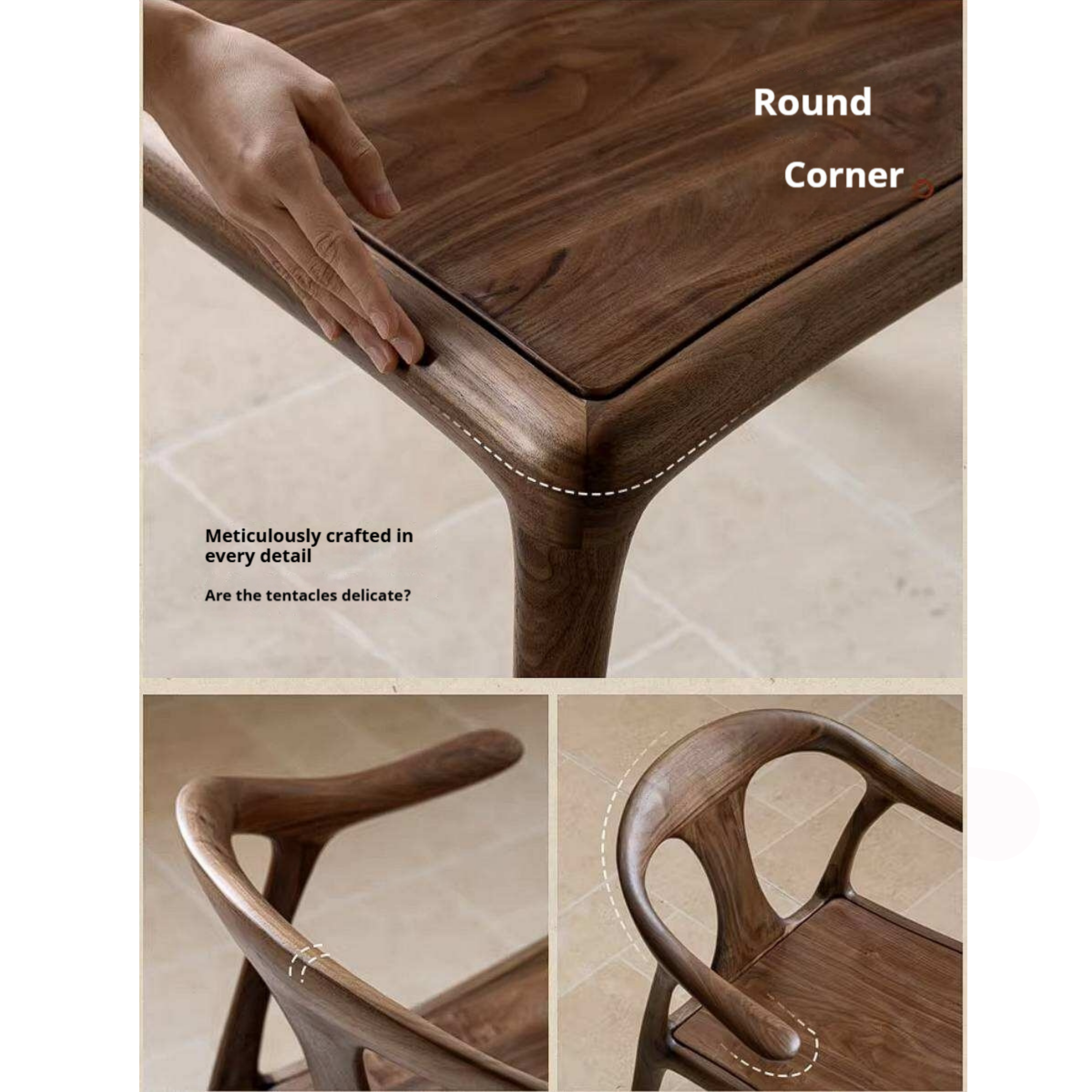 Black Walnut Solid Wood Ox Horn Dining Chair with Carved Curved Armrests