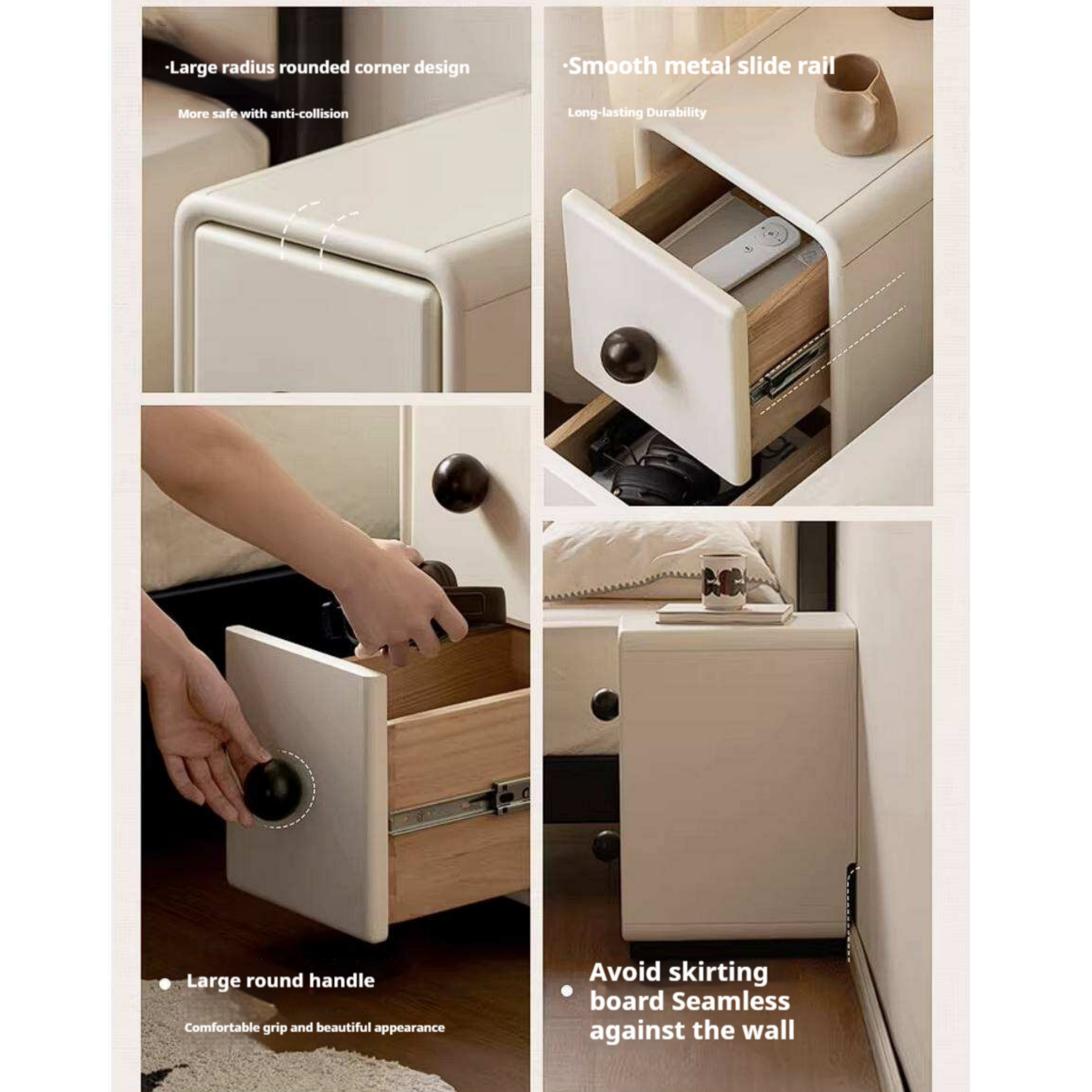 Rubberwood Solid Wood Slim Cream White Nightstand with Rounded Corners and Two Drawers