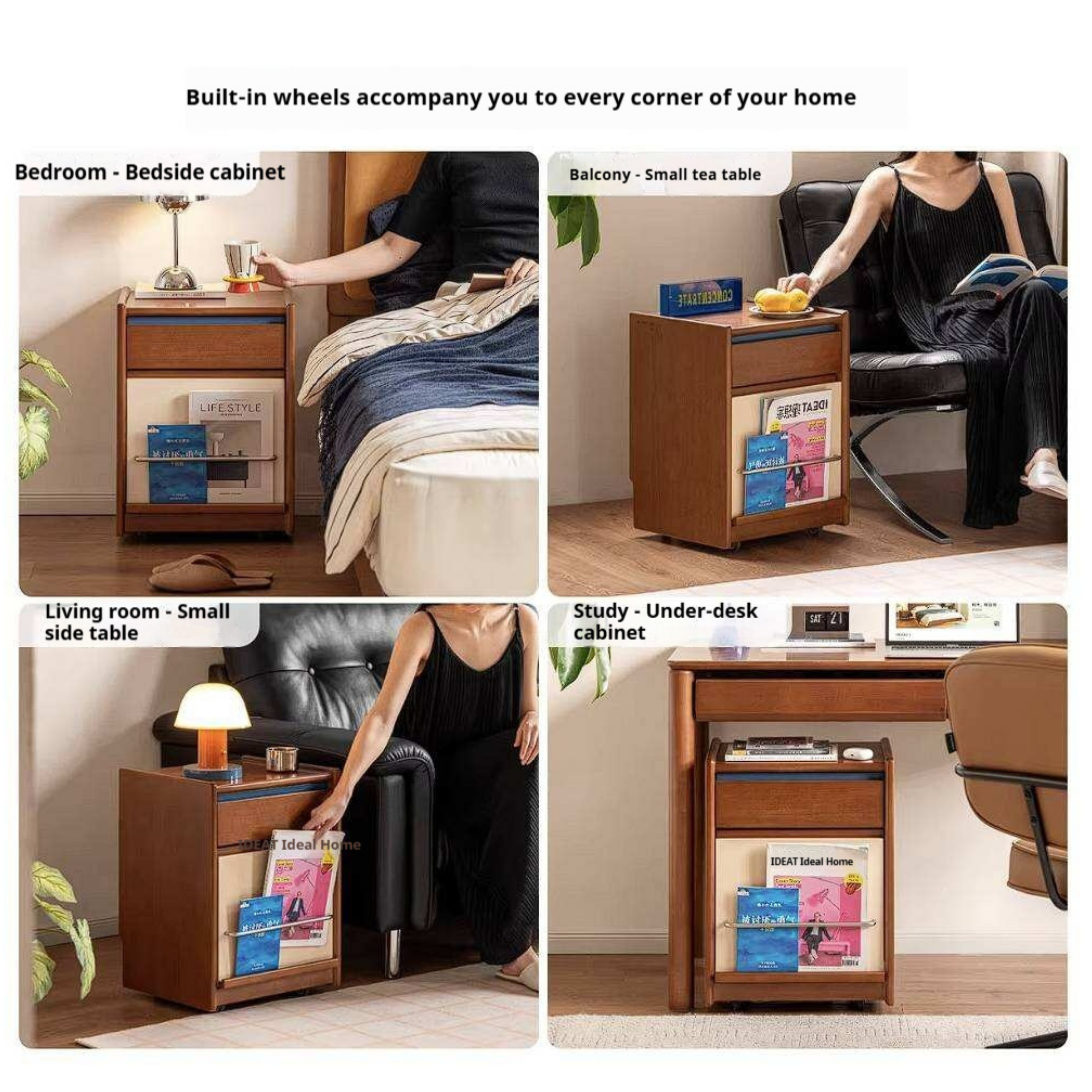 Poplar Solid Wood Two-Tone Rolling Nightstand with Magazine Rail