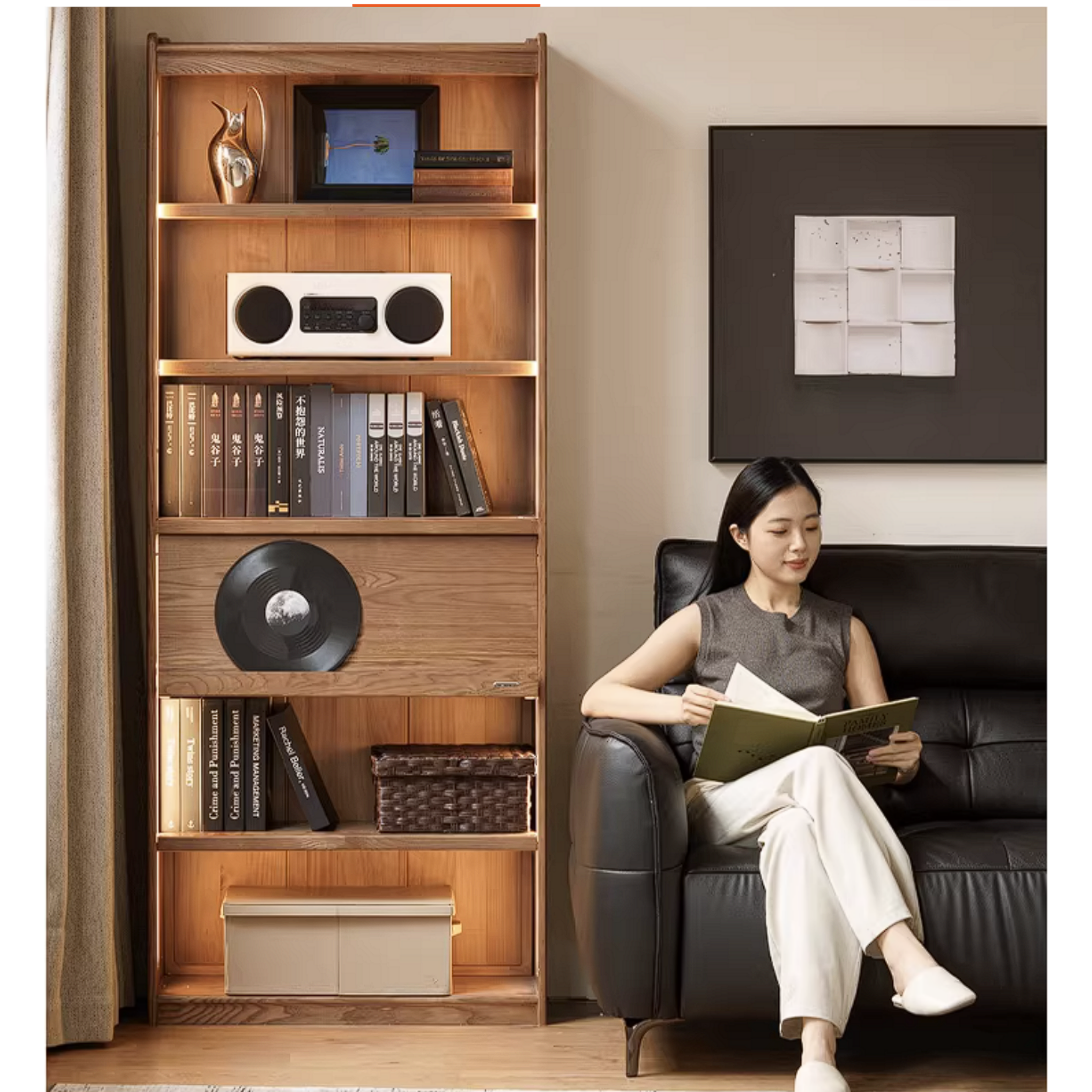 Ash Solid Wood Bookcase with Wall-Mounted Display and Storage Cabinet